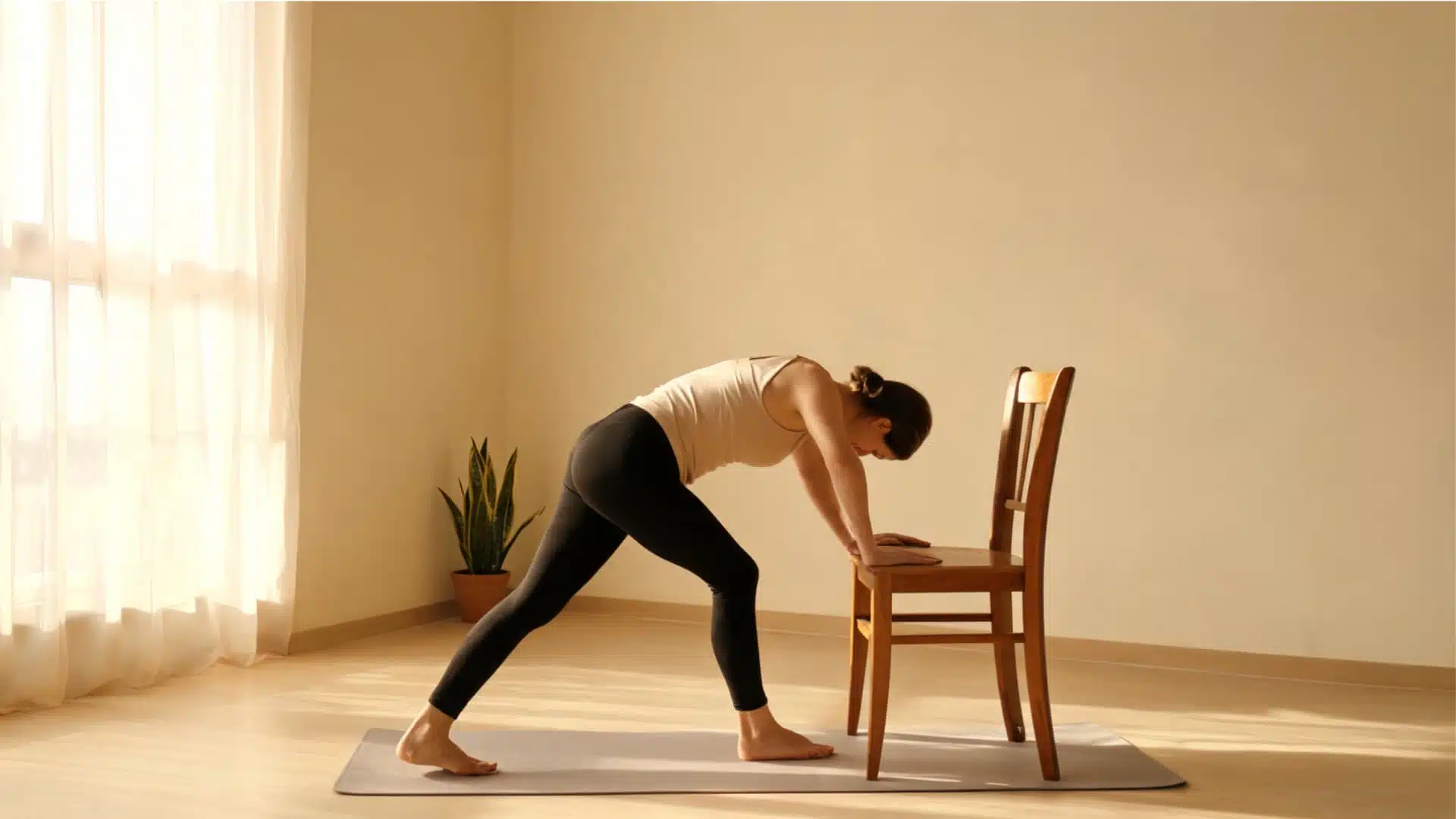 woman practicing chair support pyramid pose in a calm studio with soft neutral tones