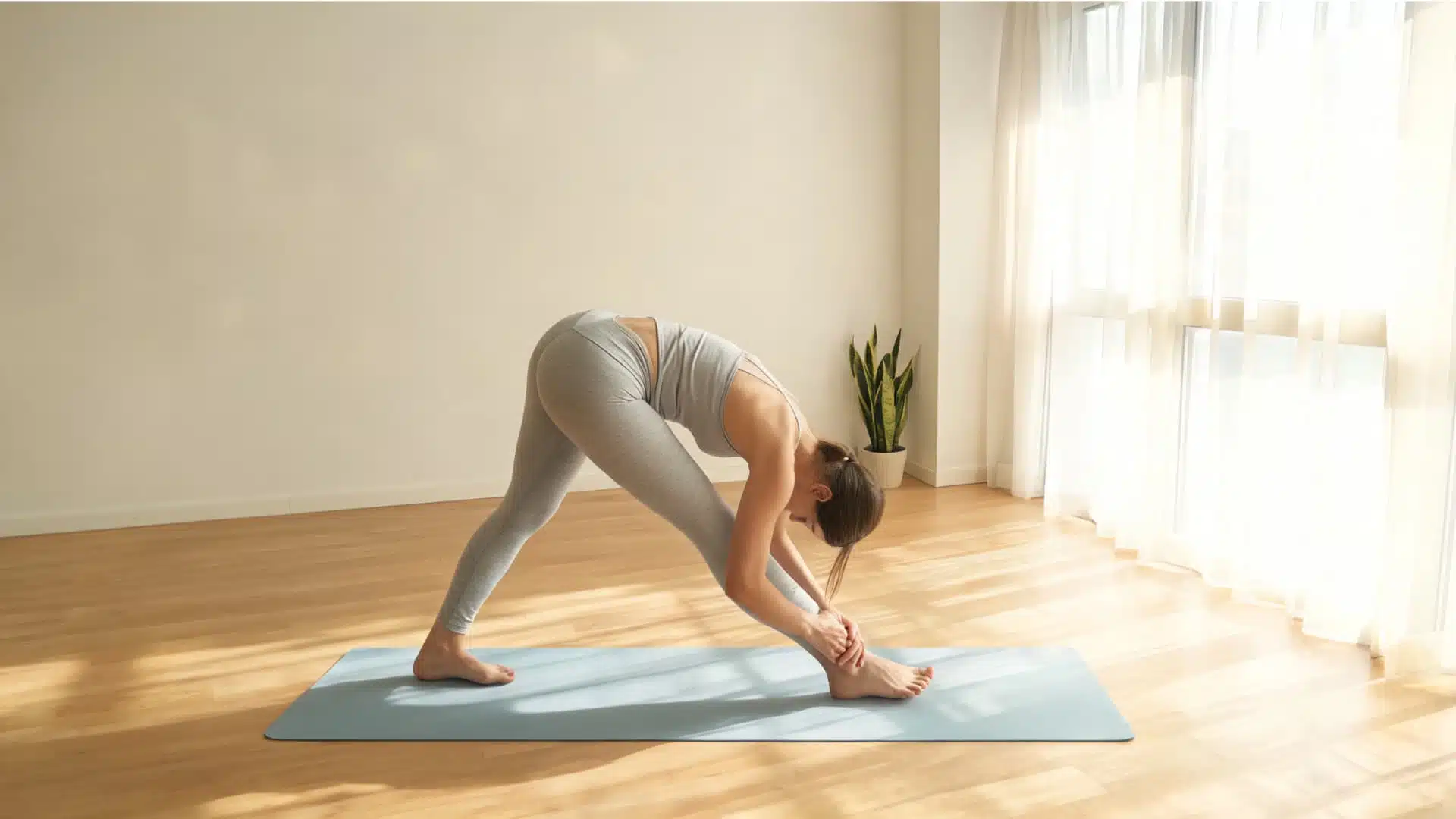 woman practicing pyramid pose in a bright sunlit studio with a blue yoga mat and soft neutral decor