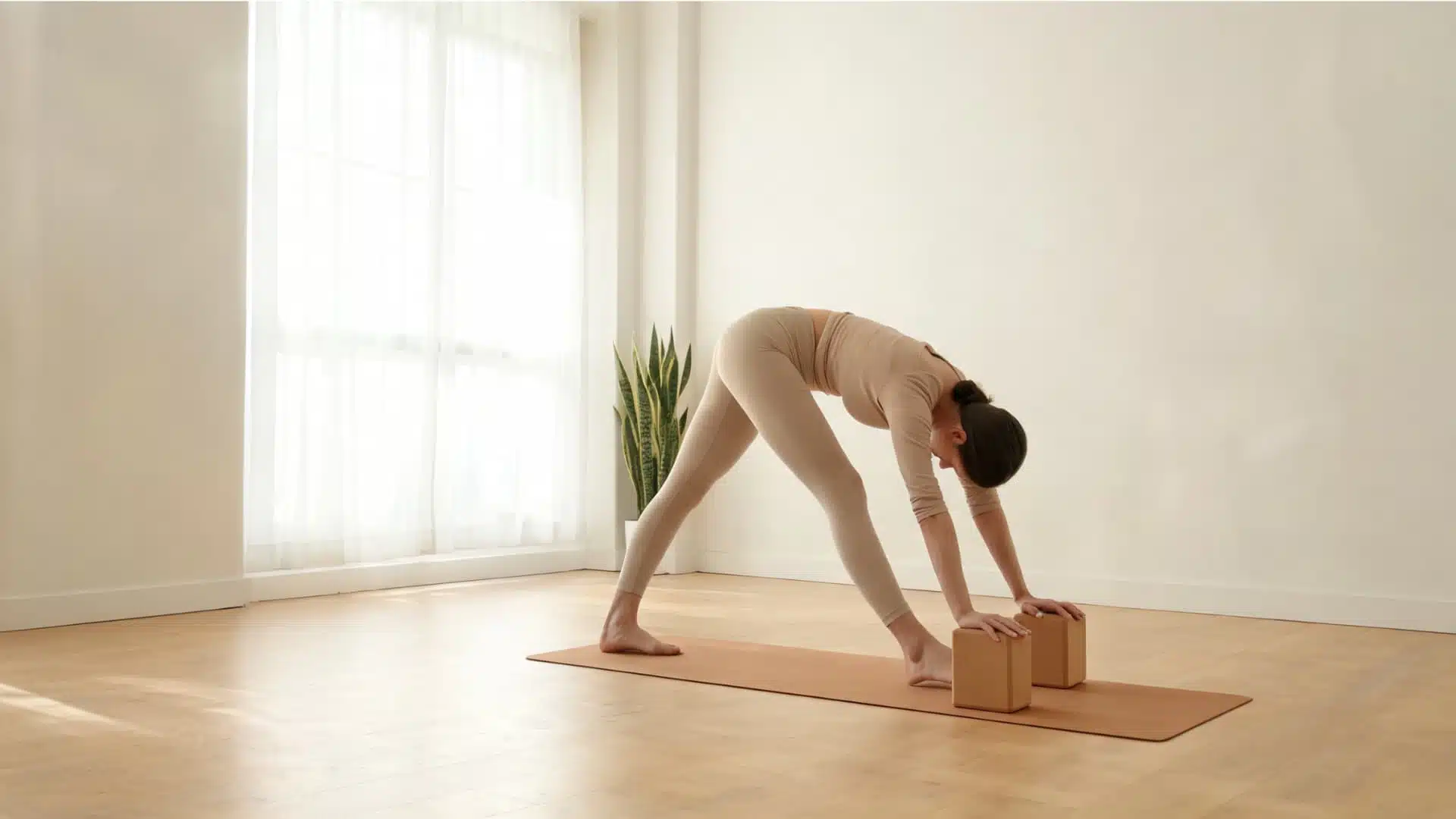 woman practicing pyramid pose with yoga blocks in a calm sunlit studio with neutral tones and soft natural light