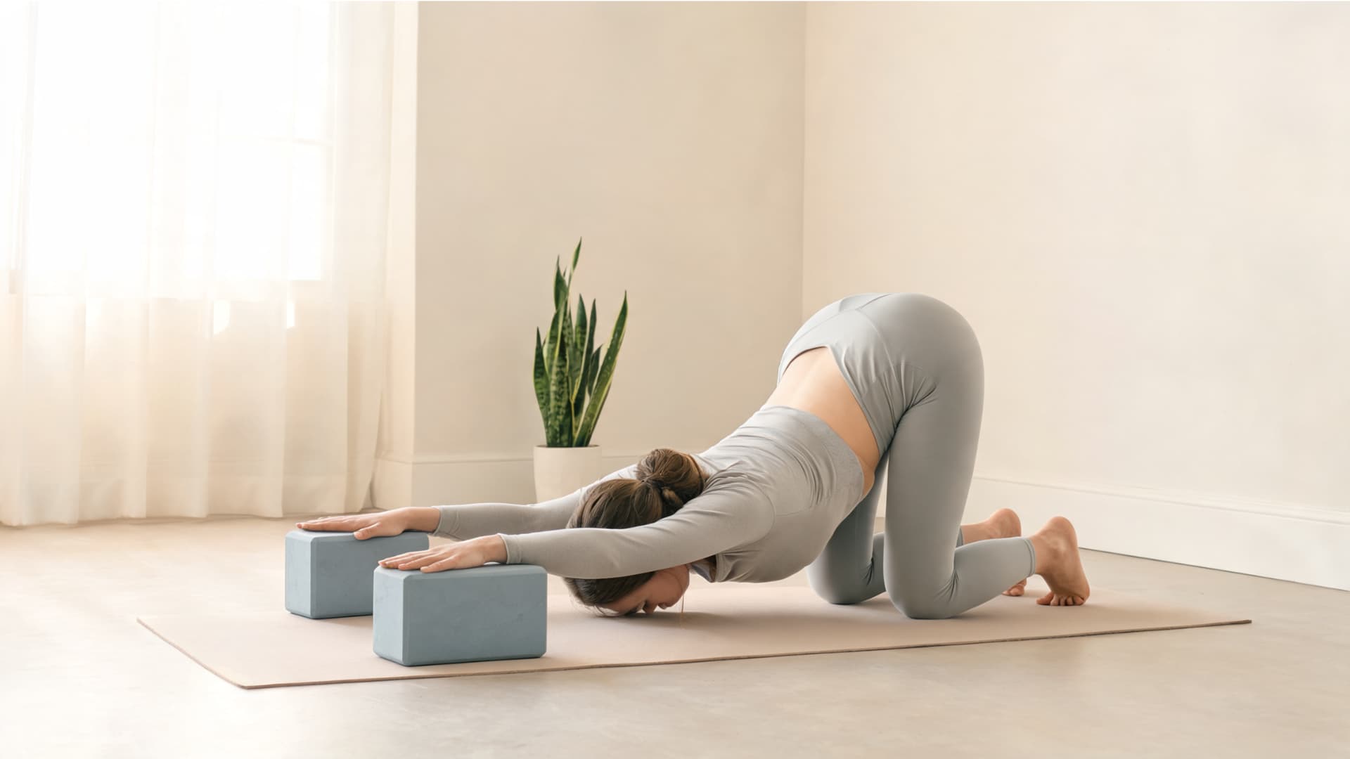woman practicing supported puppy pose with hands on yoga blocks in a bright calm studio setting
