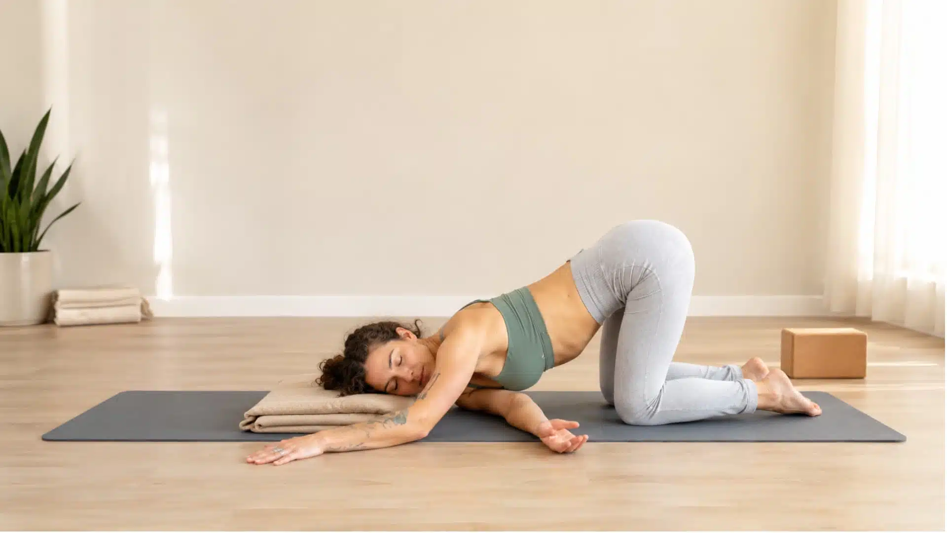 woman practicing thread the needle from puppy pose with head supported on a folded blanket in a calm studio