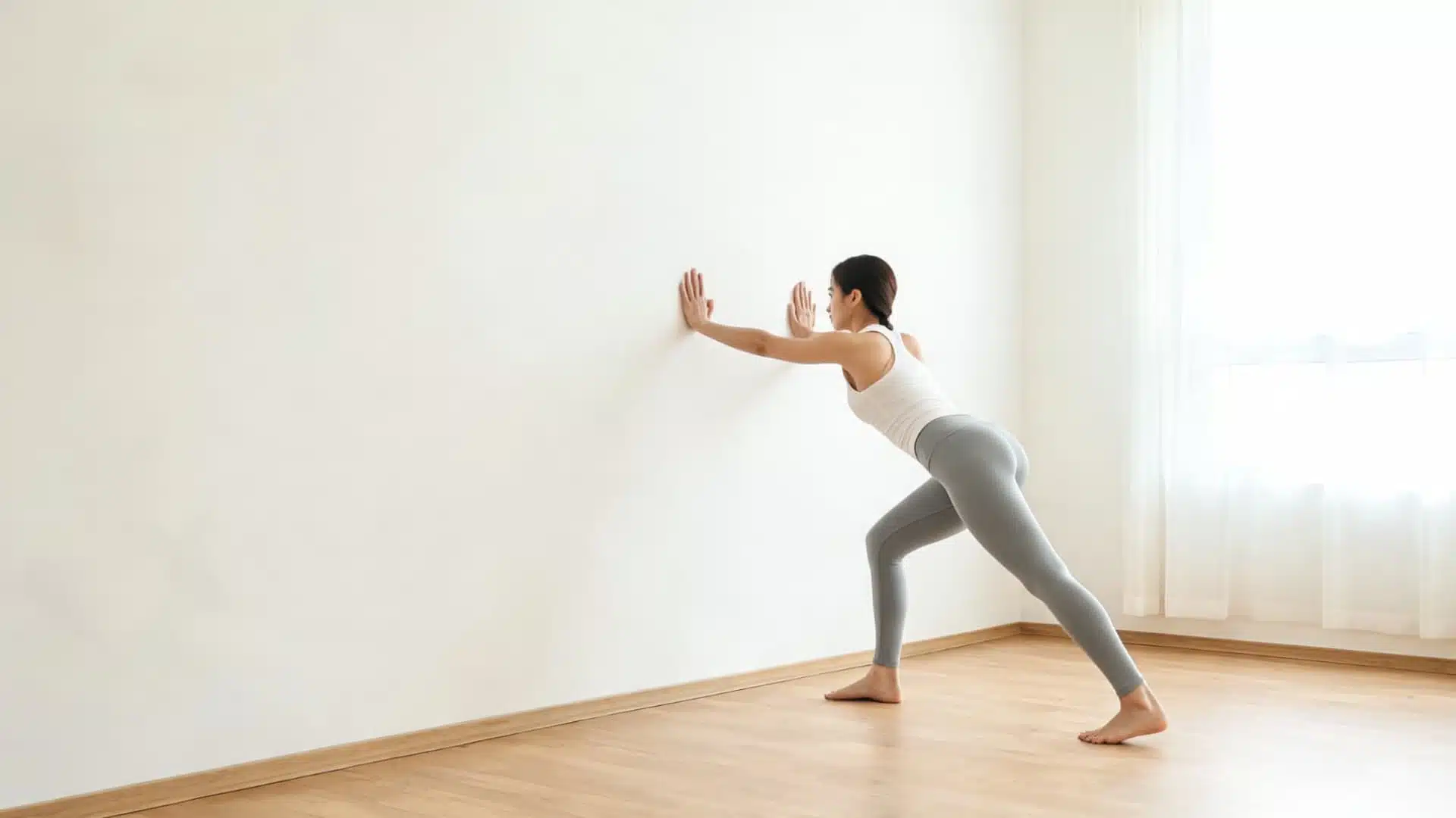 woman practicing wall supported pyramid pose in a calm sunlit studio with soft neutral tones and open space