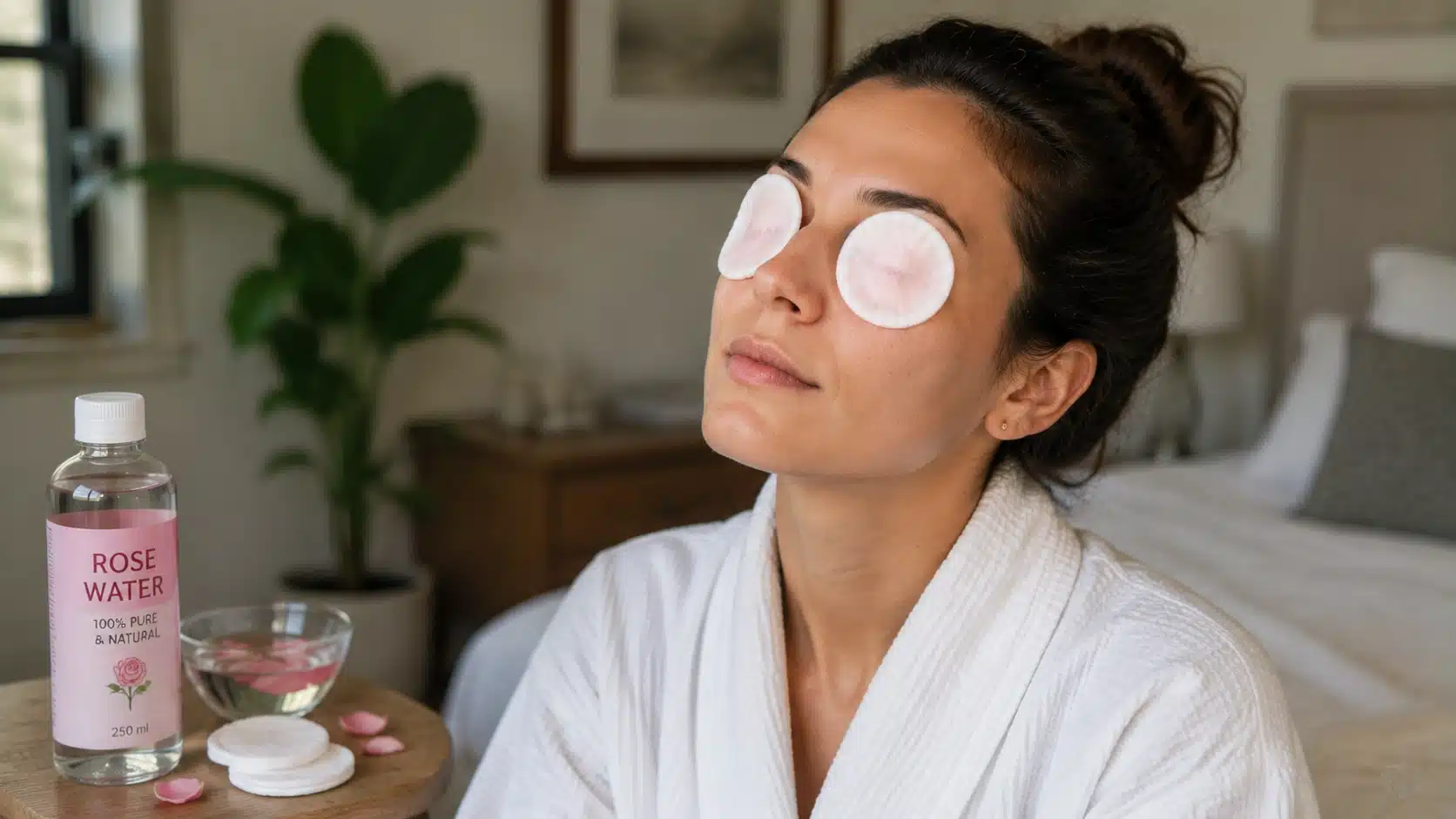Woman using cotton pads soaked in rose water on eyes as a home remedy for dark circles
