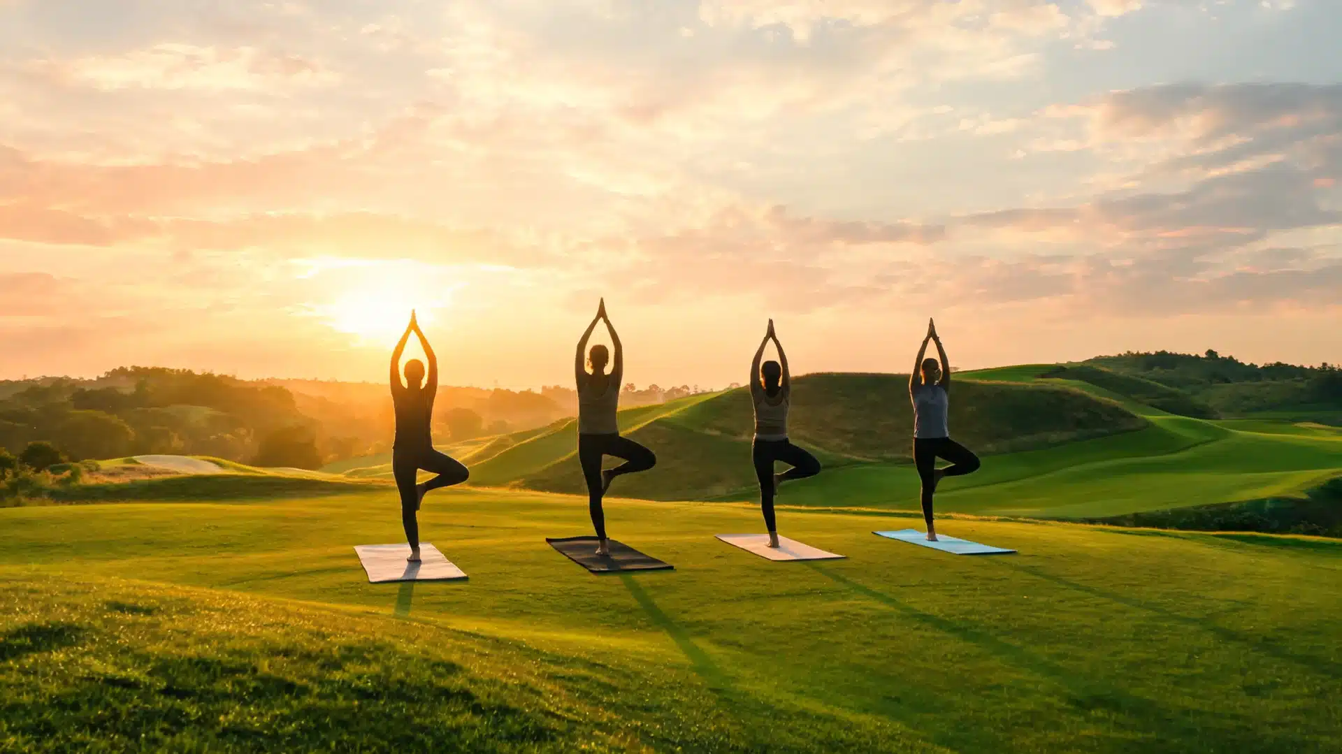 yoga-for-golfers-group-doing-tree-pose-on-green-course-at-sunset-with-calm-outdoor-wellness