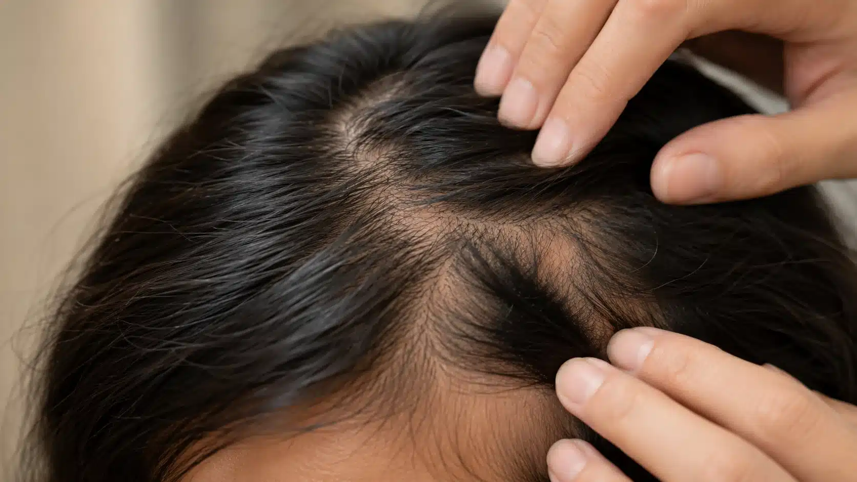 close up of person gently touching scalp with small patches of thinning hair showing patchy hair loss care