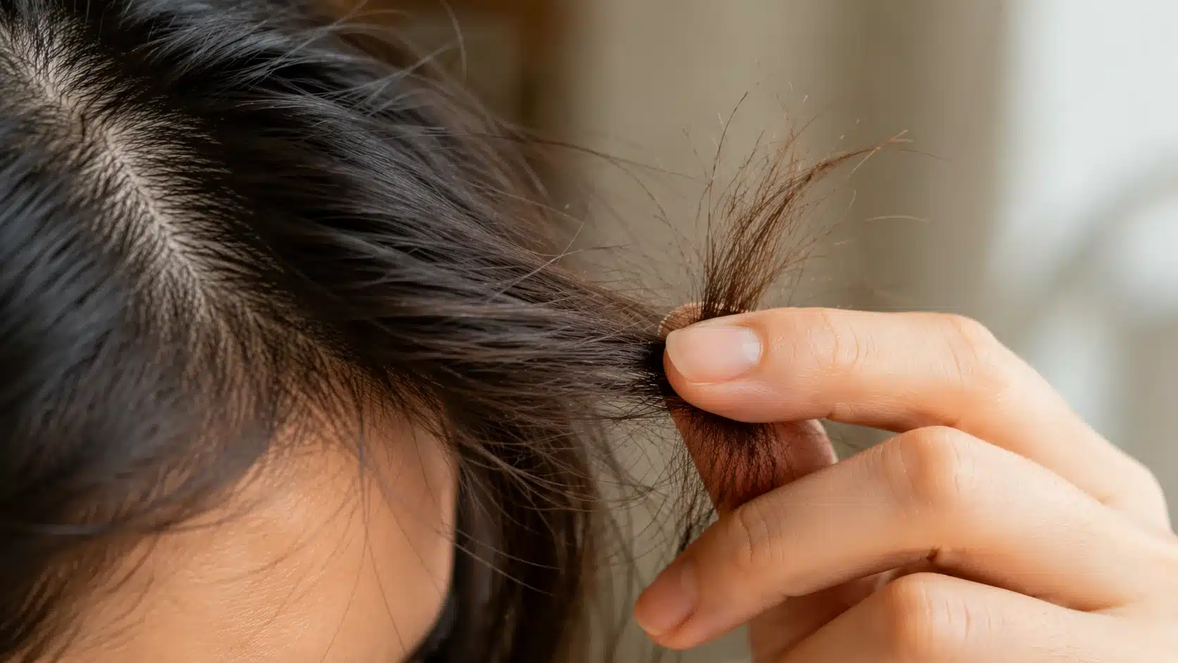 close up of person holding a few broken hair strands between fingers showing fragile ends and hair breakage for natural hair care section