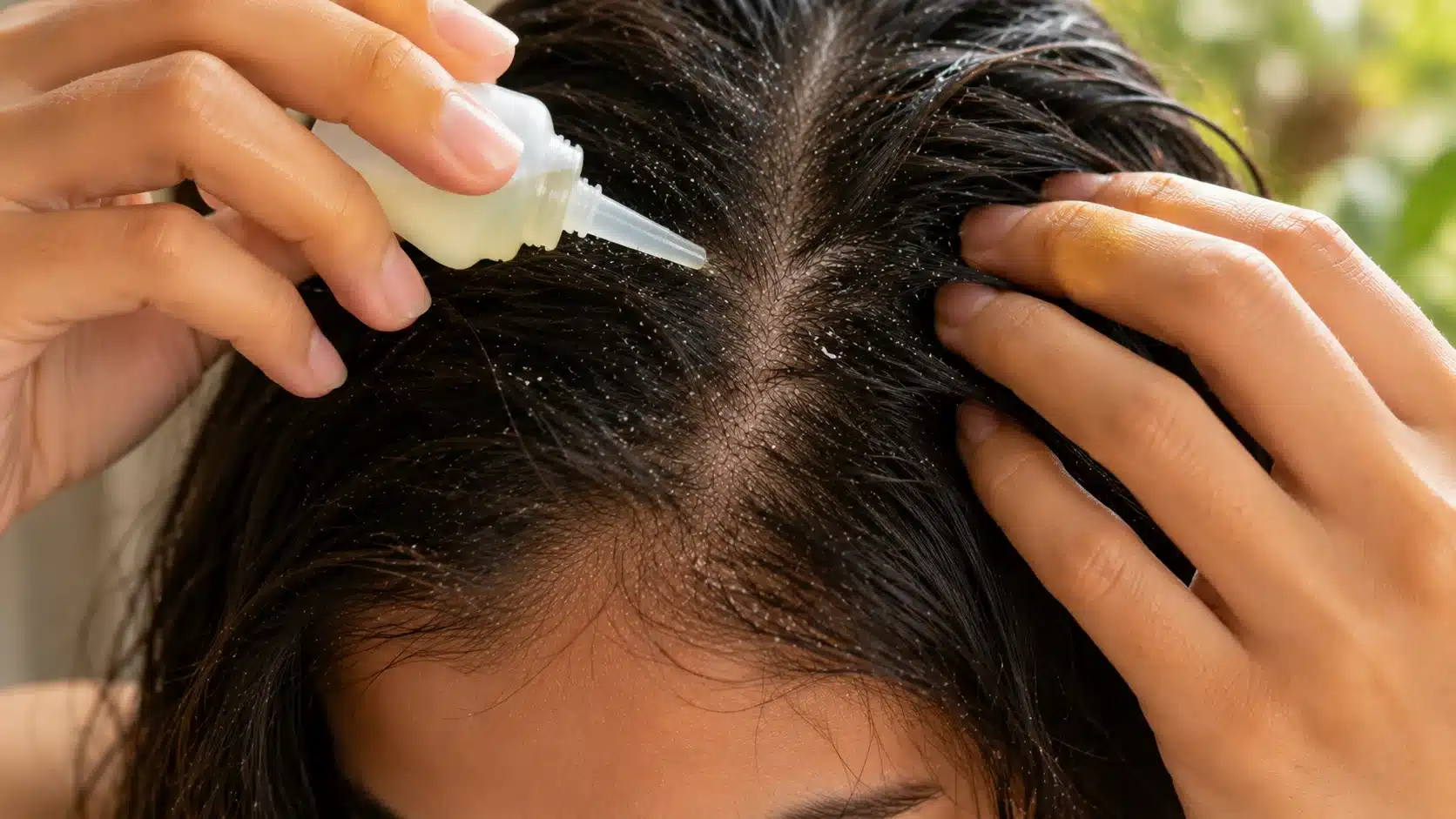 close up of scalp with mild dandruff flakes being treated with natural onion juice showing scalp hygiene and care