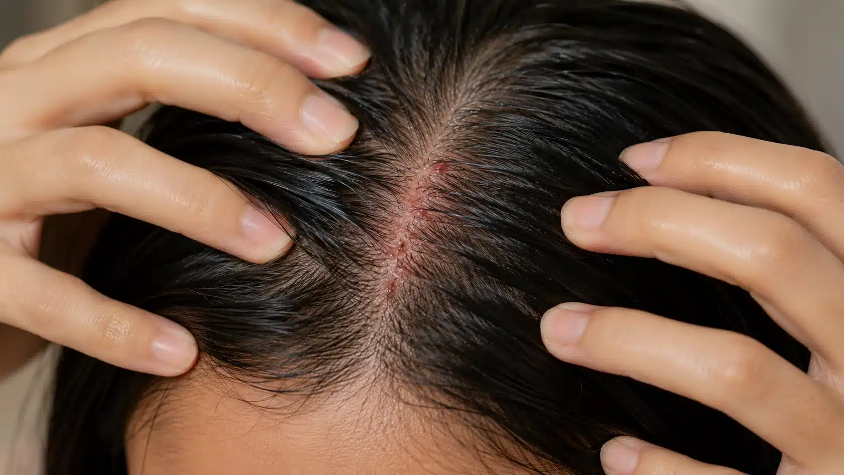 close up of scalp with subtle redness showing mild irritation from onion juice application for follicle stimulation and hair care
