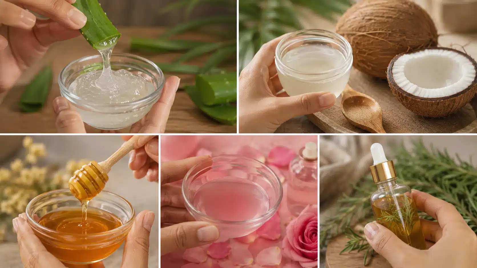 split layout showing aloe vera gel coconut oil honey rose water and rosemary oil with hands holding them for natural hair care routine