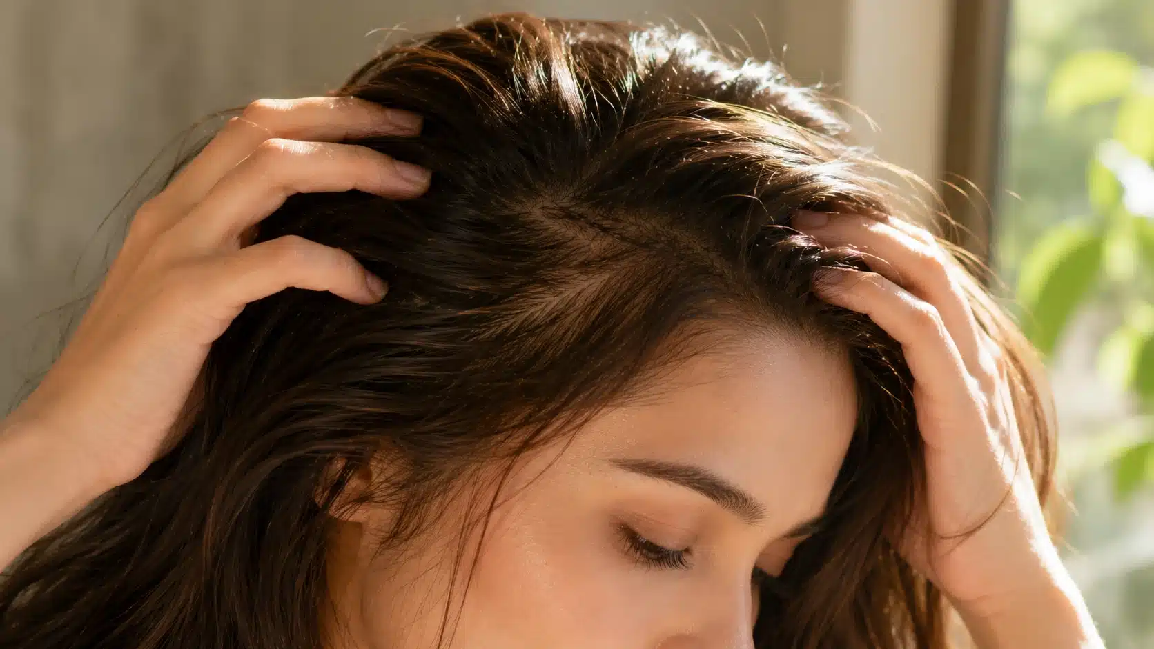 women showing her hair growth with natural treatment on roots showing antioxidant protection and care for healthy hair follicles