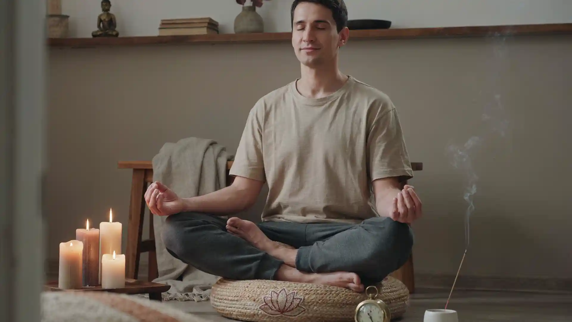person sitting cross-legged in a spiritual space during a timed meditation routine