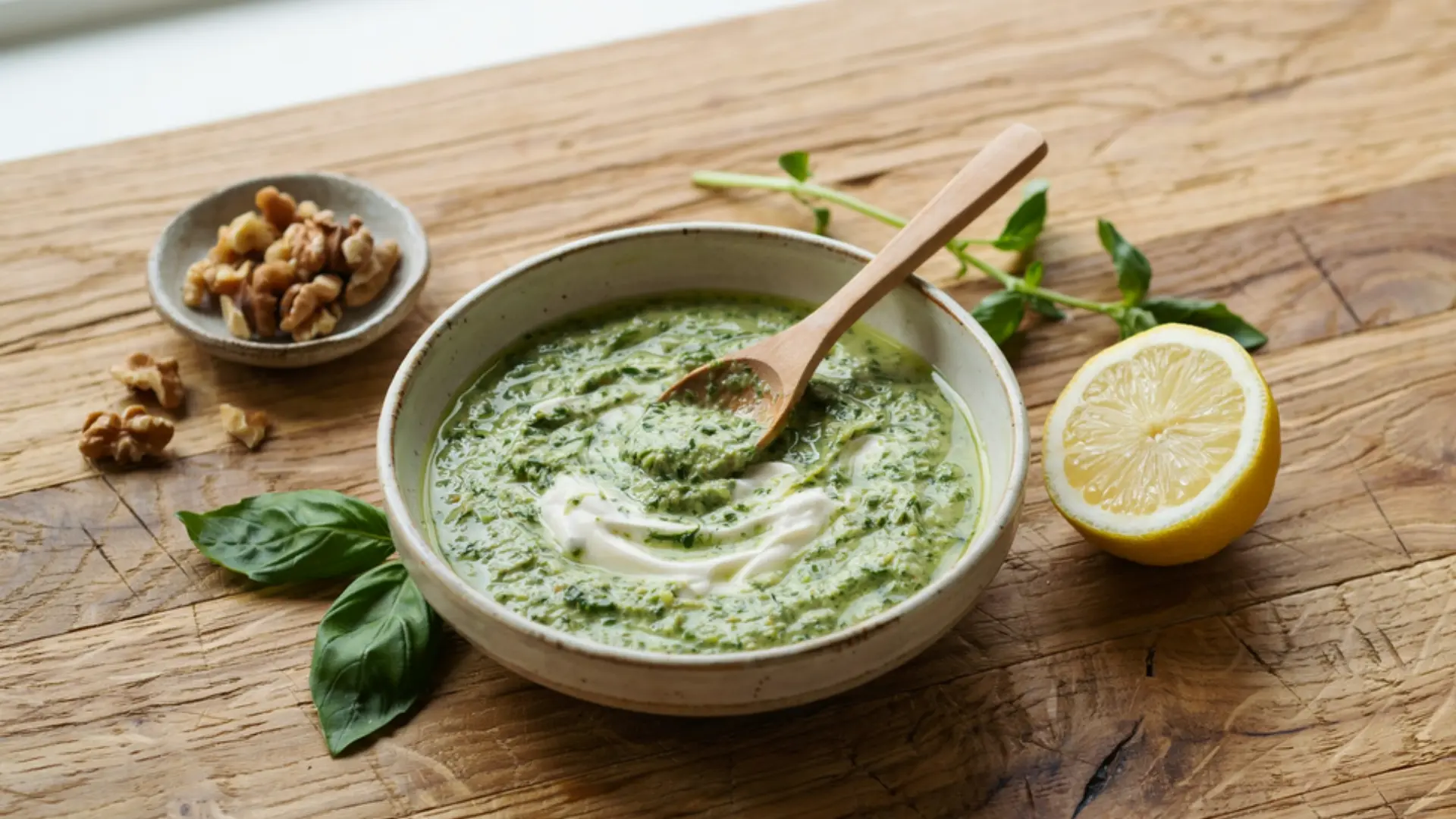 bowl of freshly made lightened pesto with basil, lemon, and walnuts on a wooden countertop
