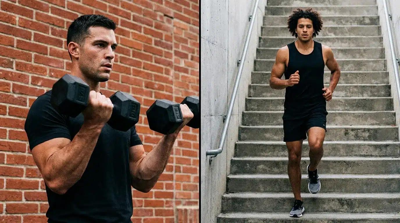 split image showing two men exercising: one performing dumbbell curls and another running down concrete stairs