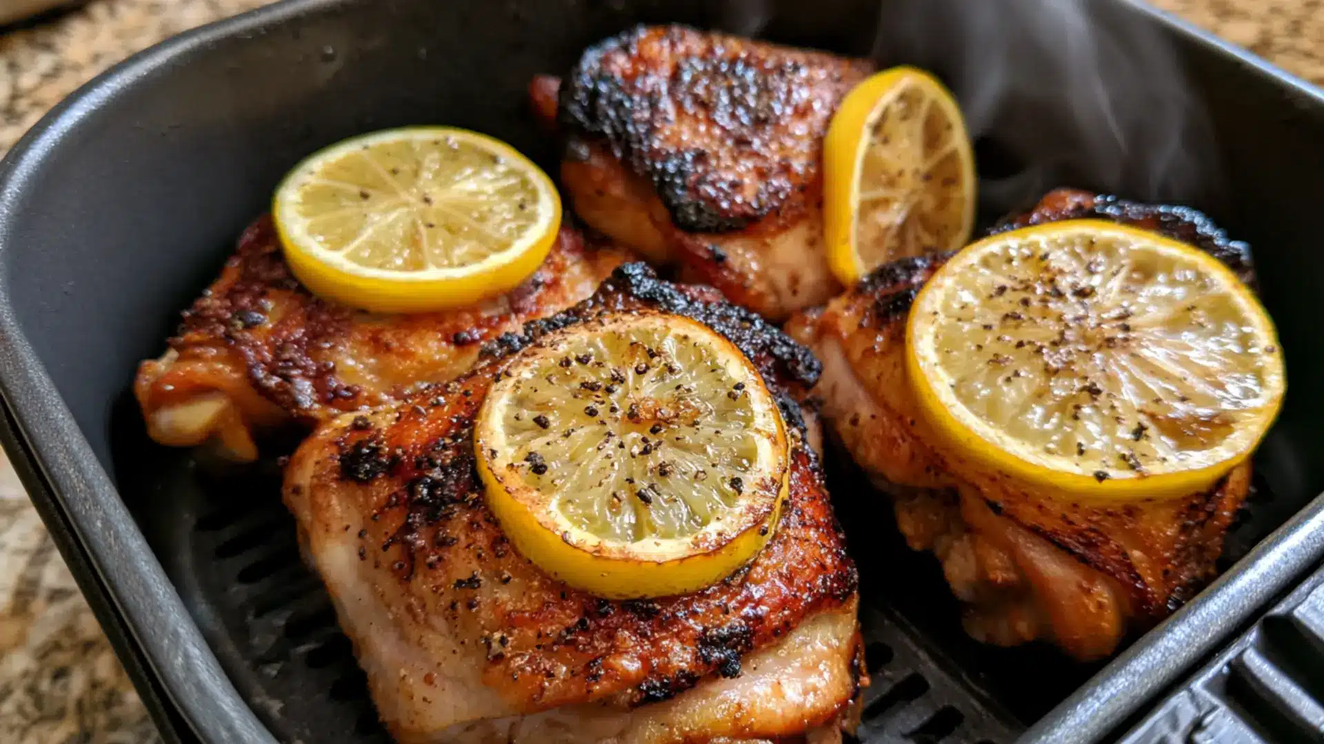 golden-brown grilled chicken thighs topped with lemon slices and black pepper in a black air fryer
