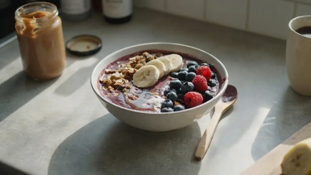 acai bowl topped with banana blueberries raspberries and granola with peanut butter jar