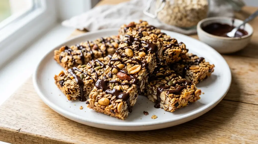 plate of homemade granola bars drizzled with chocolate, arranged on a white dish beside a bowl of chocolate sauce