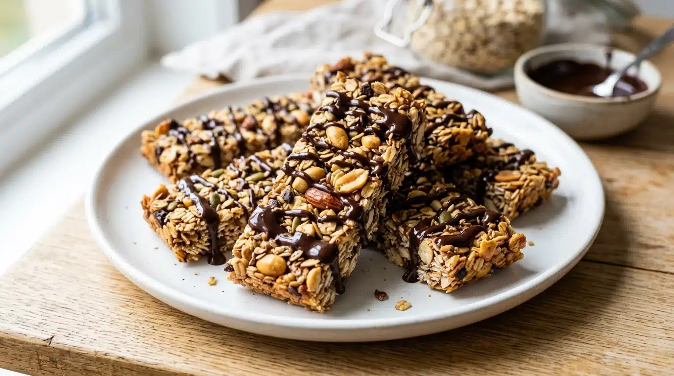 plate of homemade granola bars drizzled with chocolate, arranged on a white dish beside a bowl of chocolate sauce