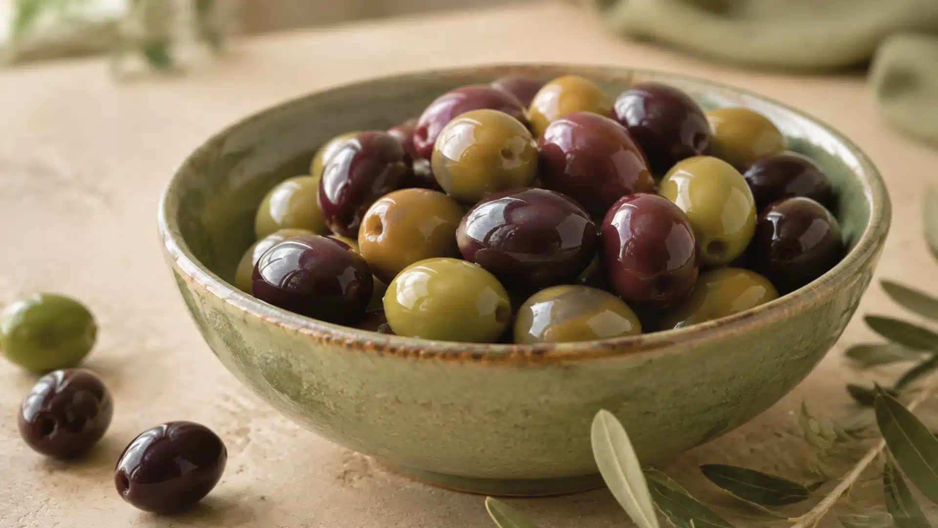 close-up of green and dark-purple olives in a sage ceramic bowl with olive branches