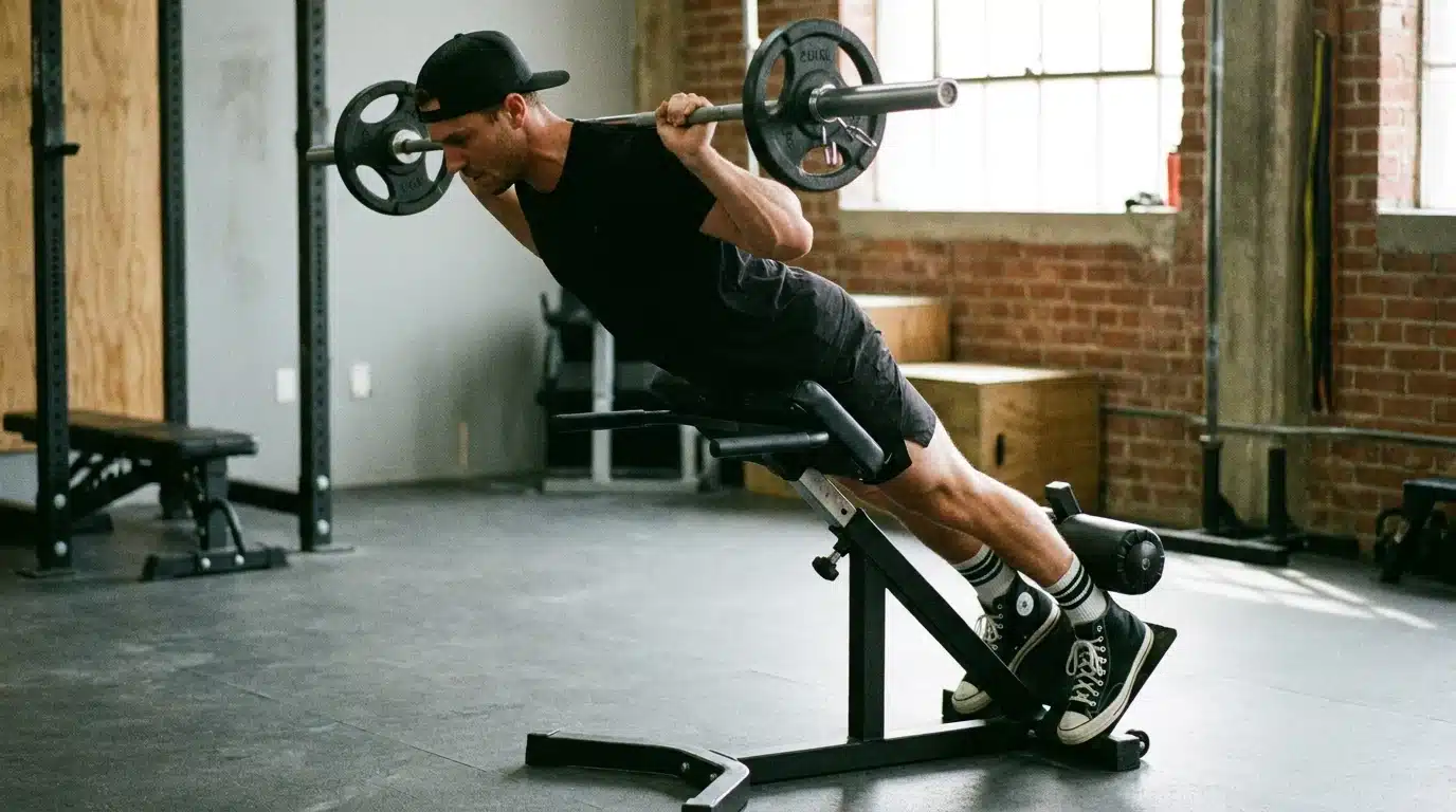man performing a barbell back extension on a hyperextension bench in an industrial-style gym