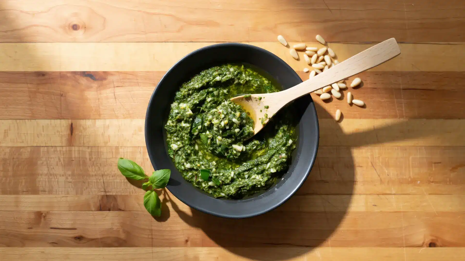 bowl of freshly made green pesto in a black ceramic bowl with basil and pine nuts nearby