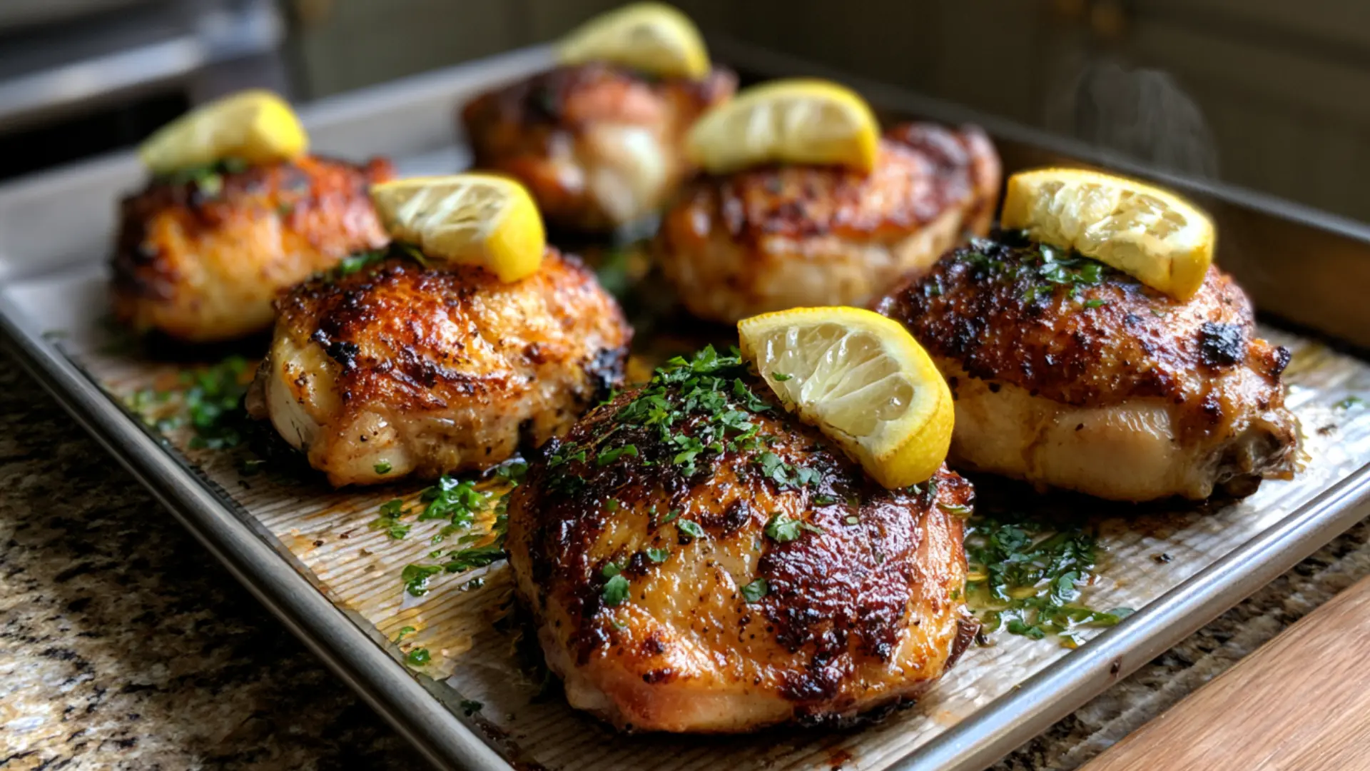 six roasted chicken thighs garnished with parsley and lemon wedges on a baking tray