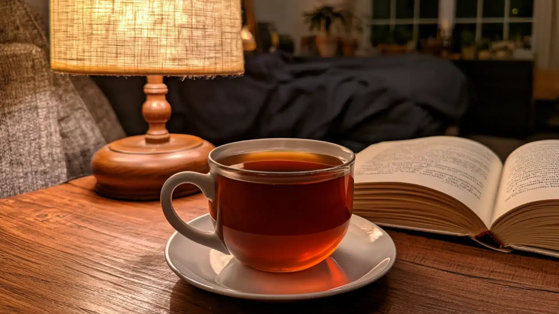 warm mug of elderberry tea on a nightstand beside a dim lamp