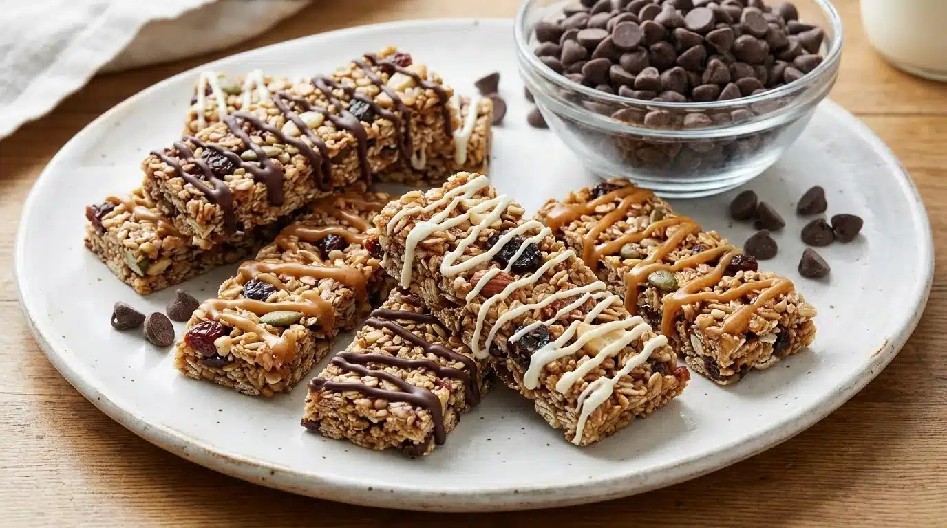 granola bars drizzled with dark, white, and caramel chocolate sit on a ceramic plate beside a bowl of chocolate chips