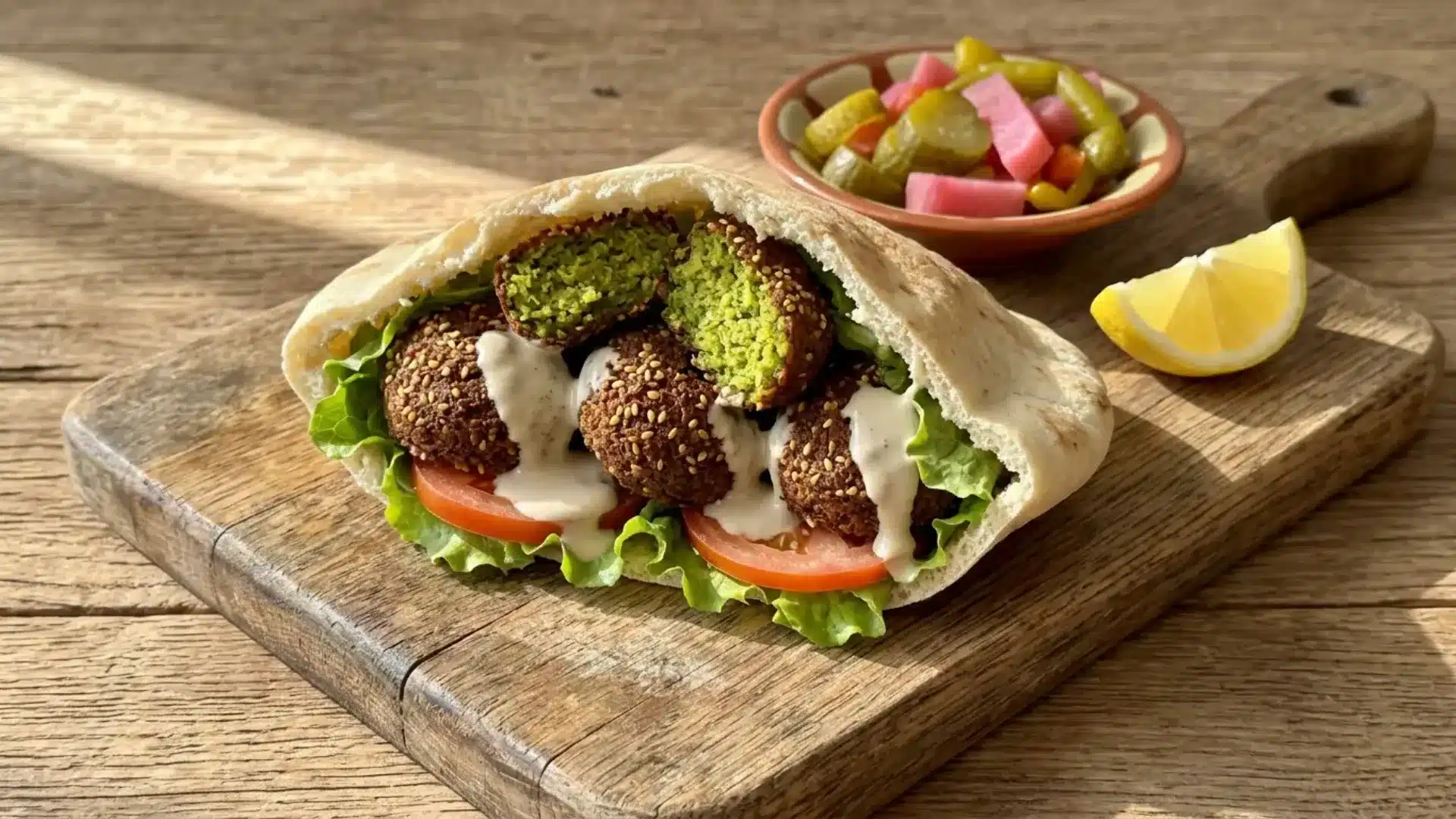 falafel pita stuffed with tomato lettuce and tahini beside pickles and lemon wedge