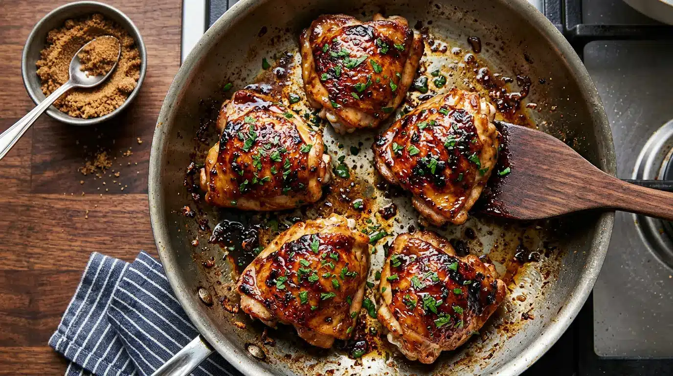 glazed, herb-topped chicken thighs searing in a skillet, with a spatula, brown sugar bowl, and striped kitchen towel nearby