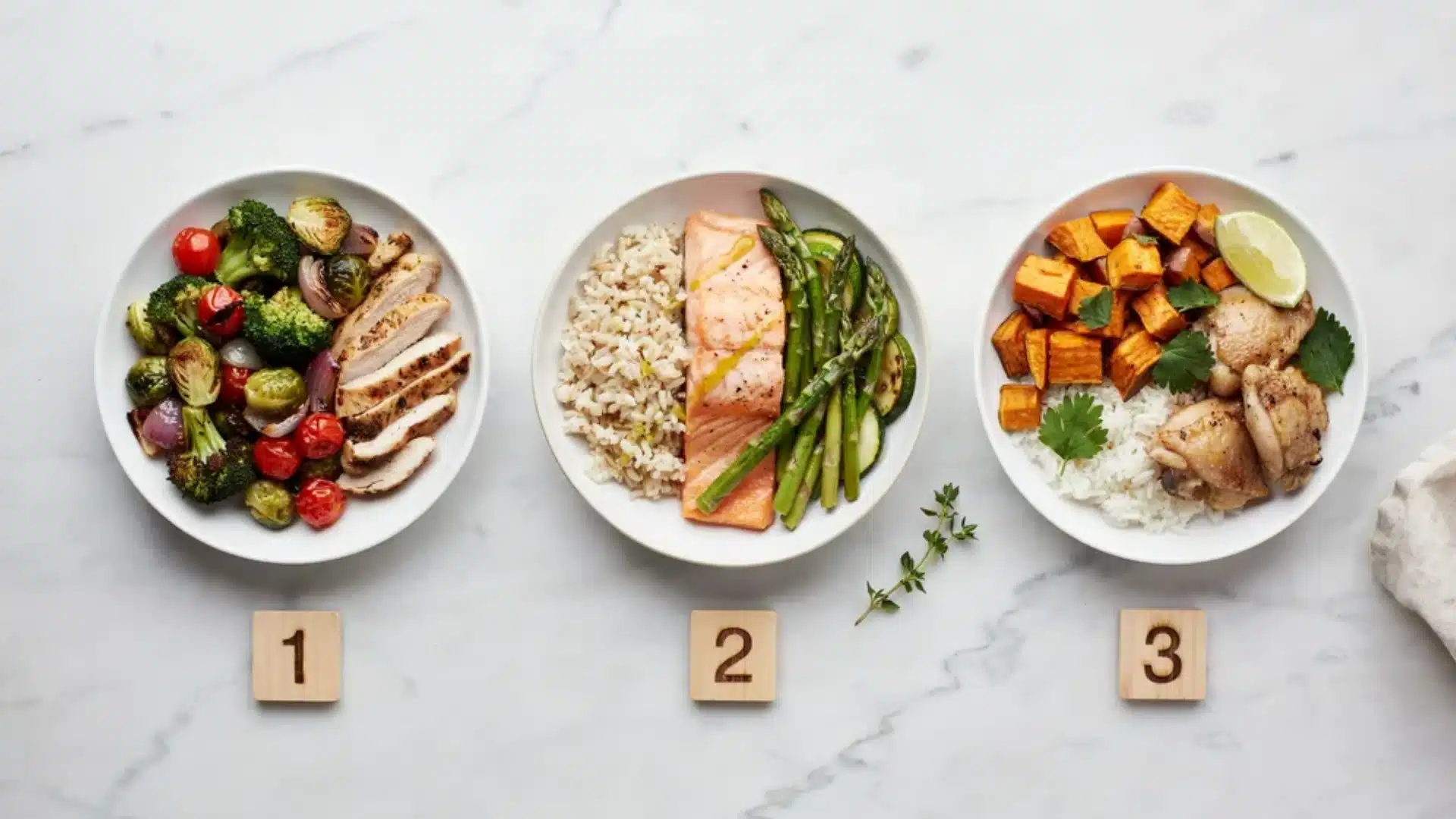 carb cycling methods compared with three numbered meal bowls showing low moderate and high carb portions
