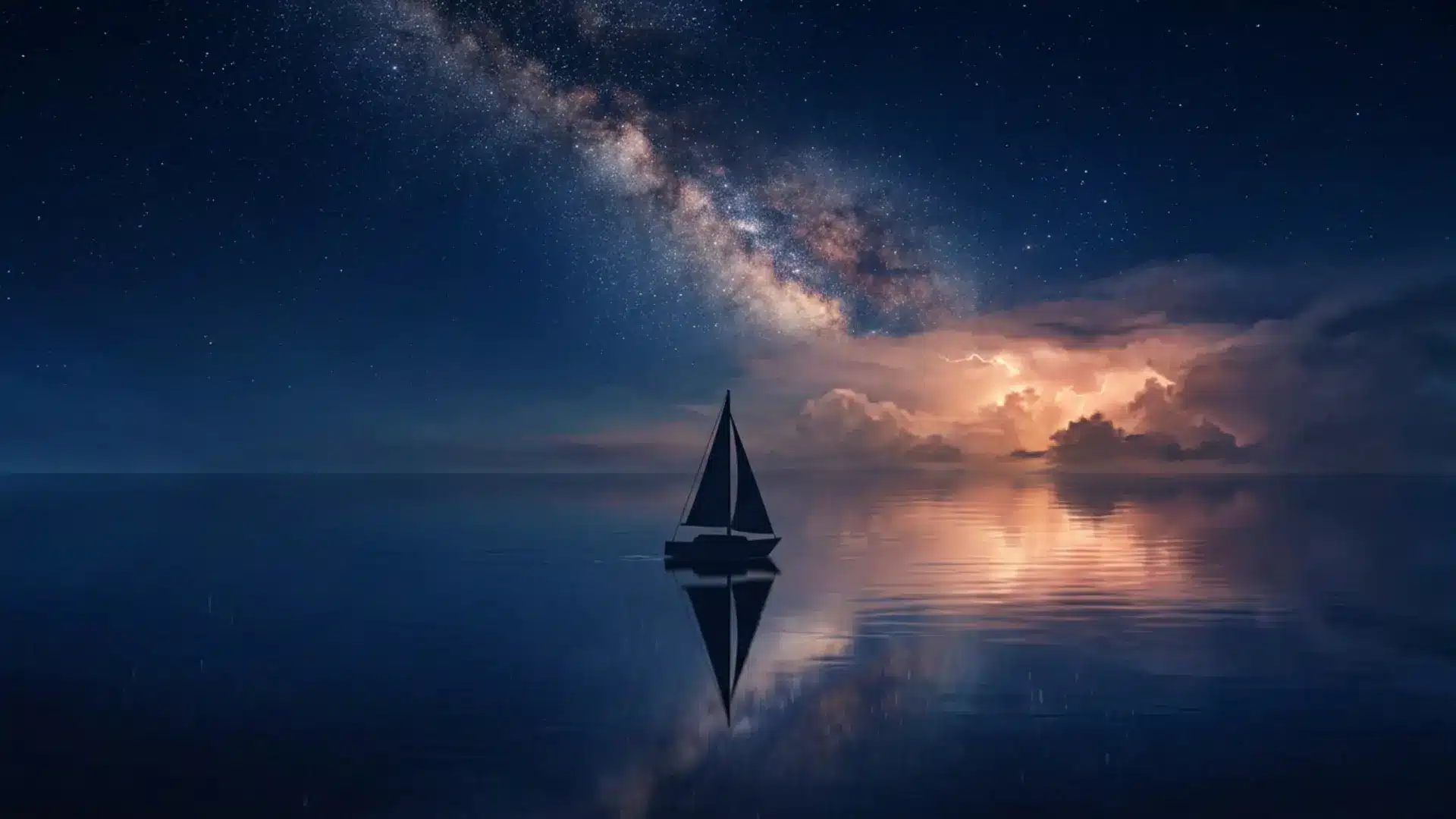 silhouette of a small sailboat on a calm, mirror-like sea beneath a starry milky way sky, with a glowing storm cloud in the distance, representing the core stages of spiritual awakening.