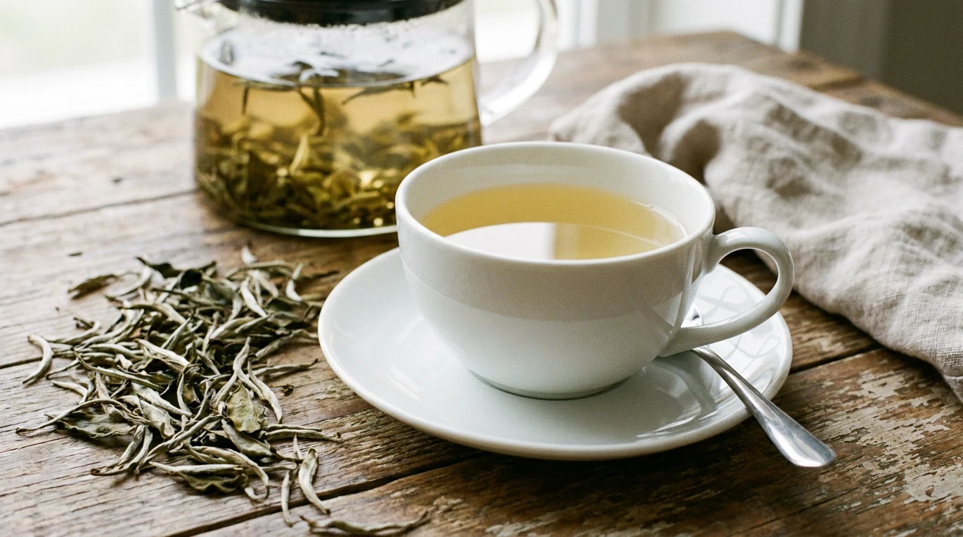cup of pale herbal tea on a saucer with a spoon, dried tea leaves on a rustic wooden table, and a teapot in the background