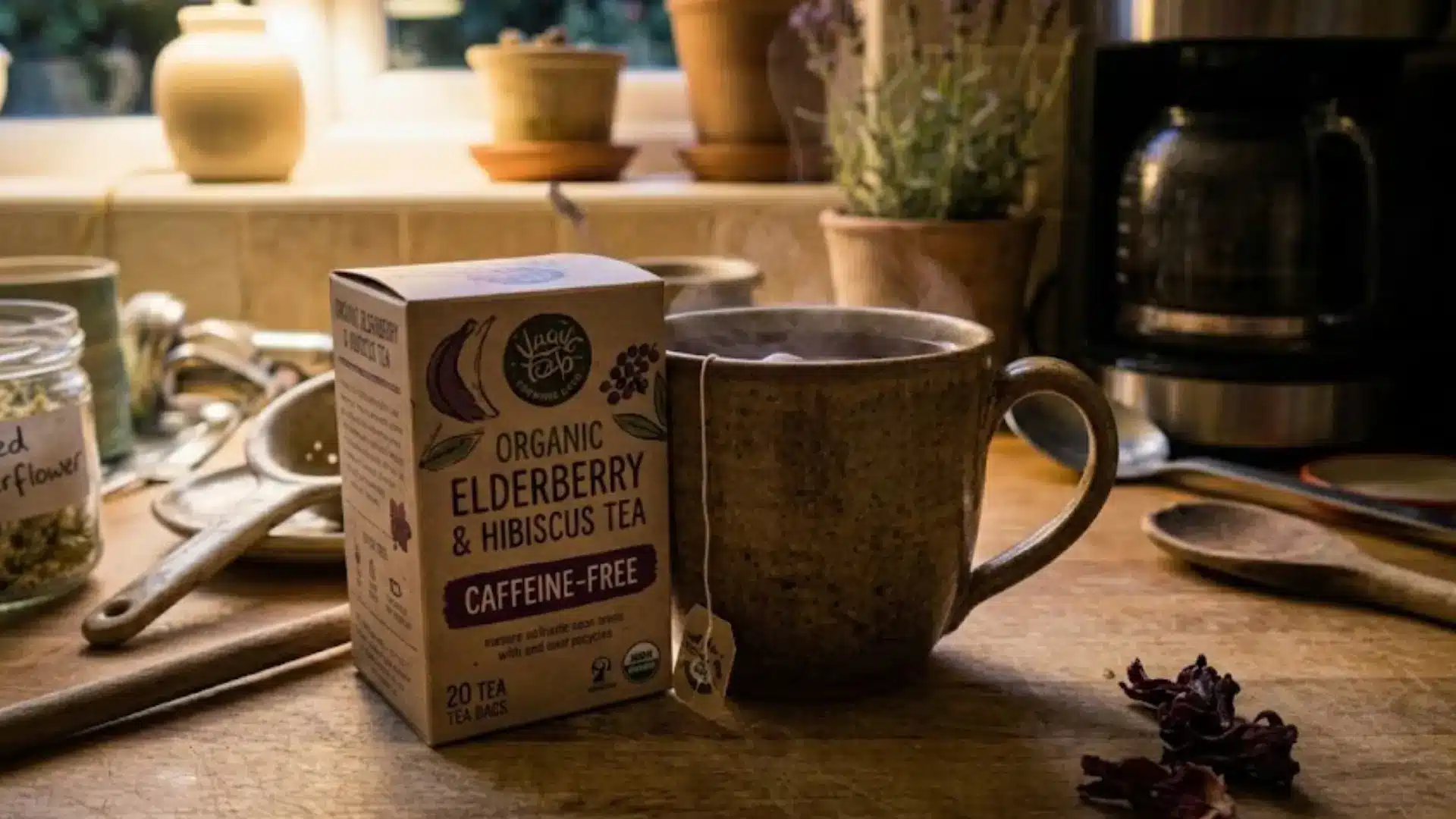 mug of elderberry tea next to a caffeine-free labeled tea box