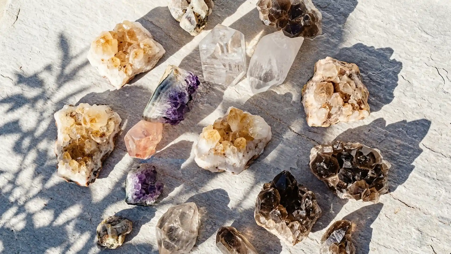 raw crystal clusters including citrine amethyst and smoky quartz arranged outside in bright sunlight