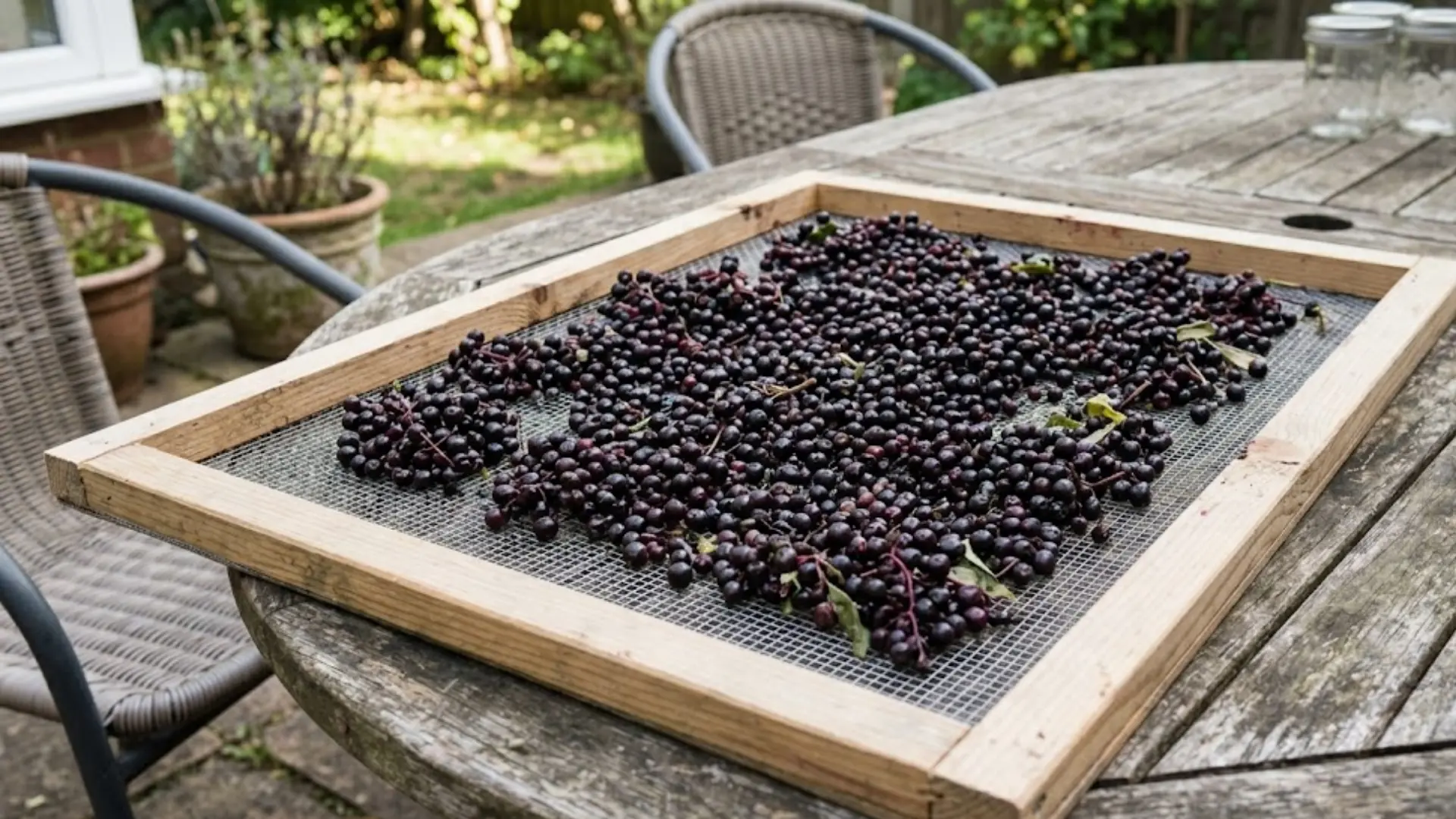 fresh ripe elderberries spread out on a drying tray in daylight