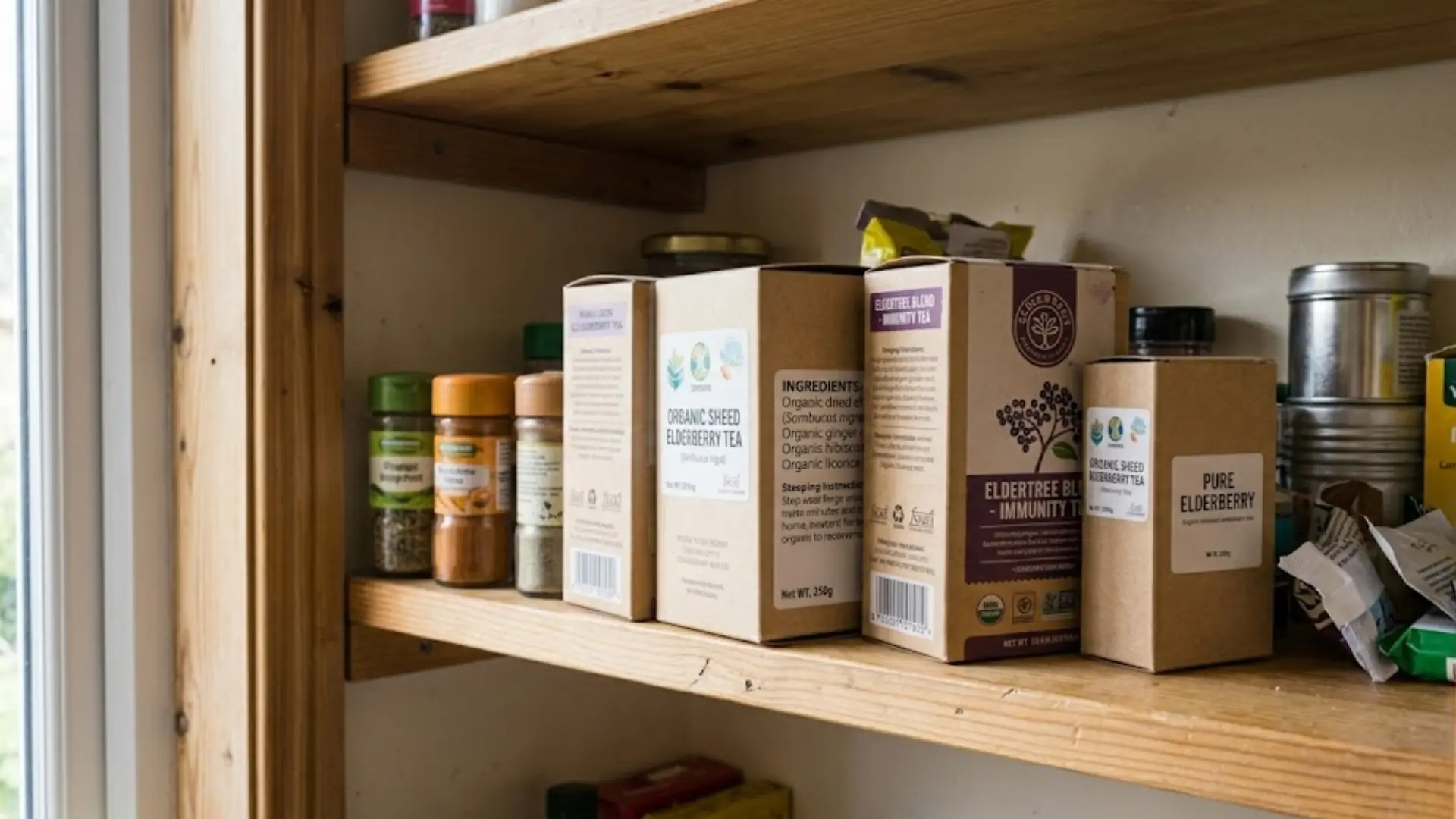 different elderberry tea boxes lined up on a pantry shelf