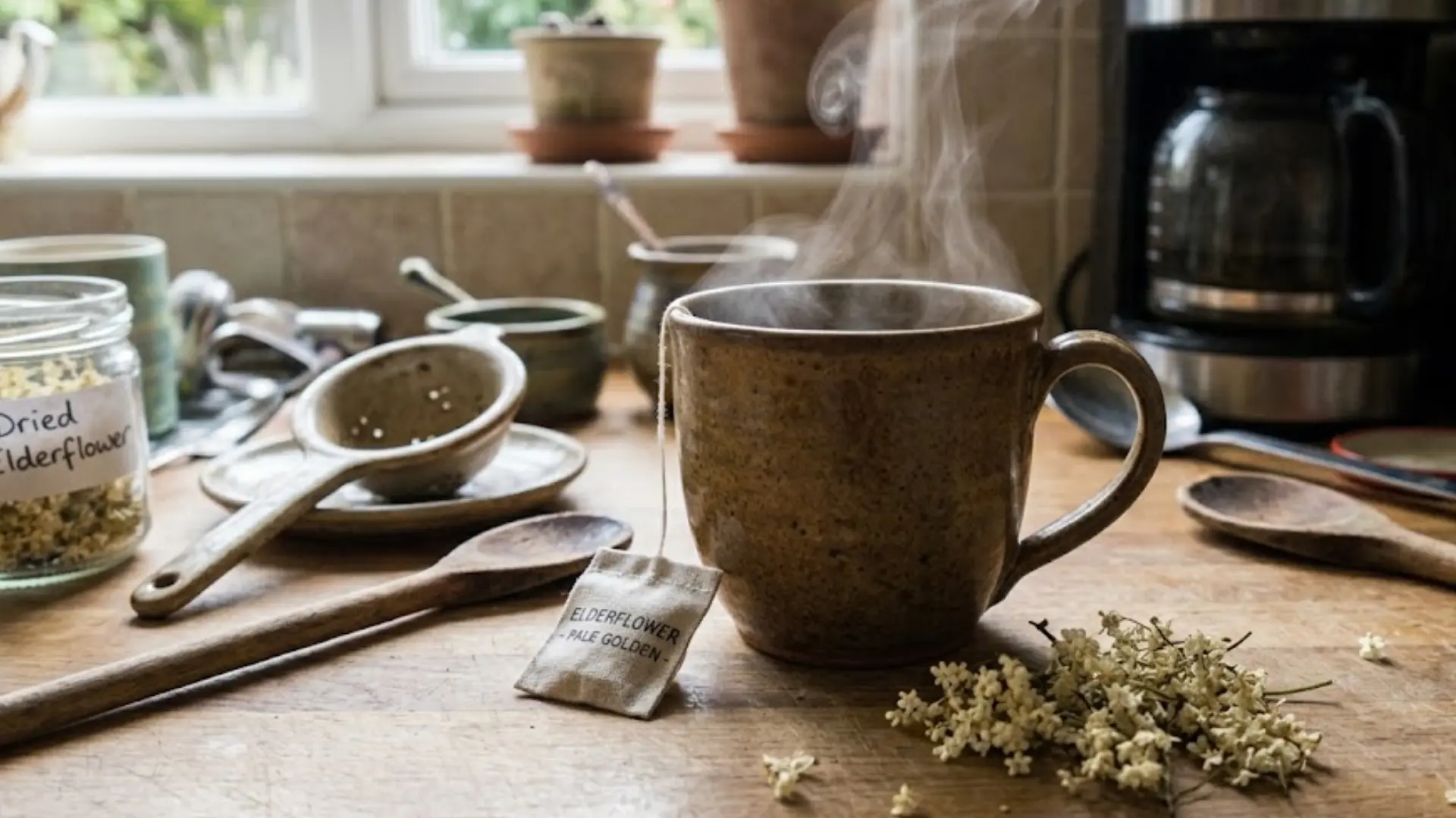 mug of pale elderflower tea with dried white blossoms beside it