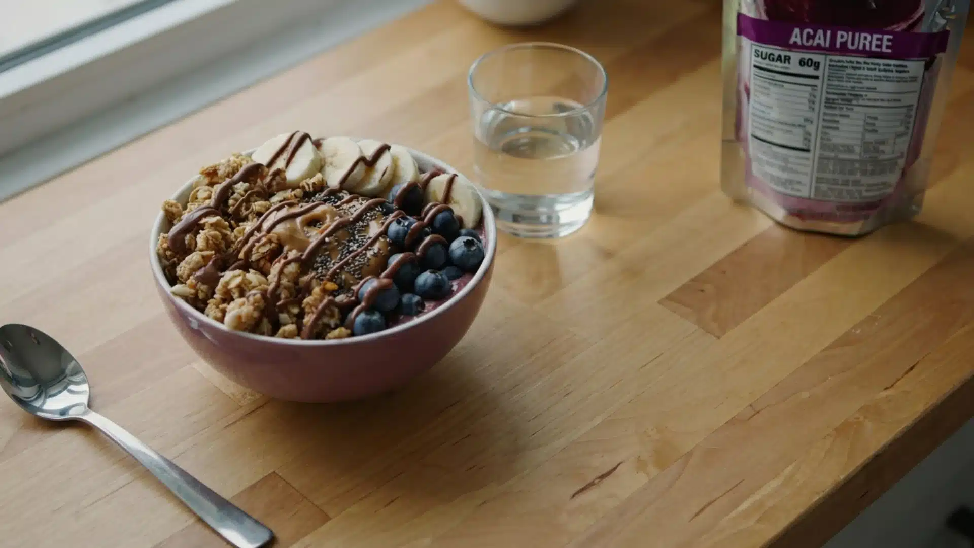 loaded acai bowl with granola banana blueberries and chocolate drizzle beside sugar label