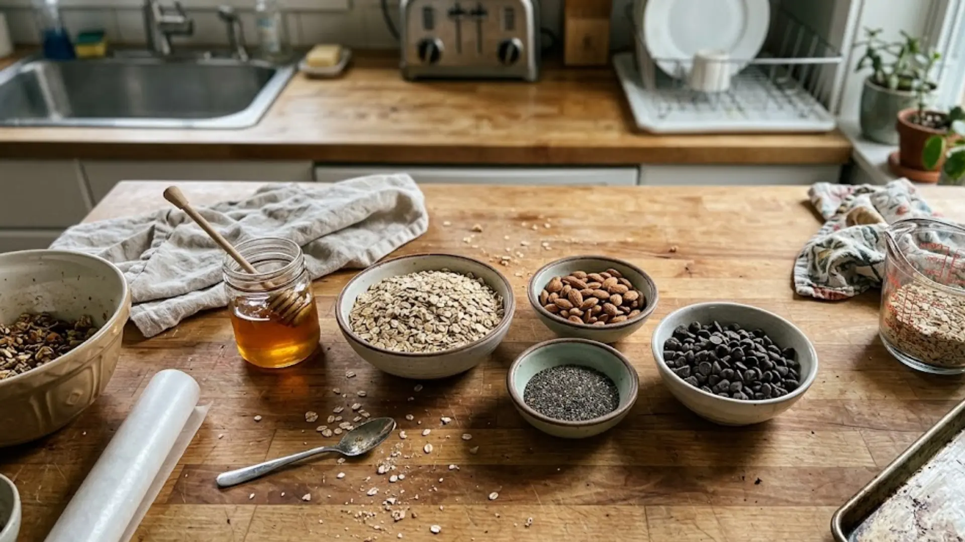 granola bar ingredients including oats almonds chia seeds and honey laid out on counter