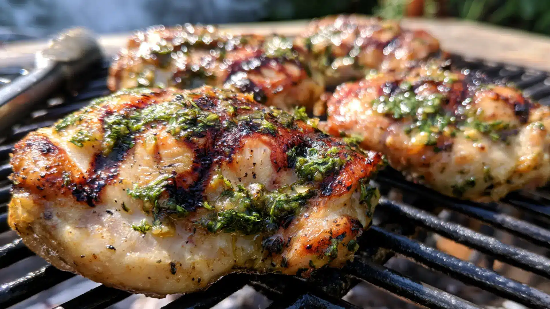 grilled chicken breasts topped with fresh green herbs and charred seasoning on a barbecue grill