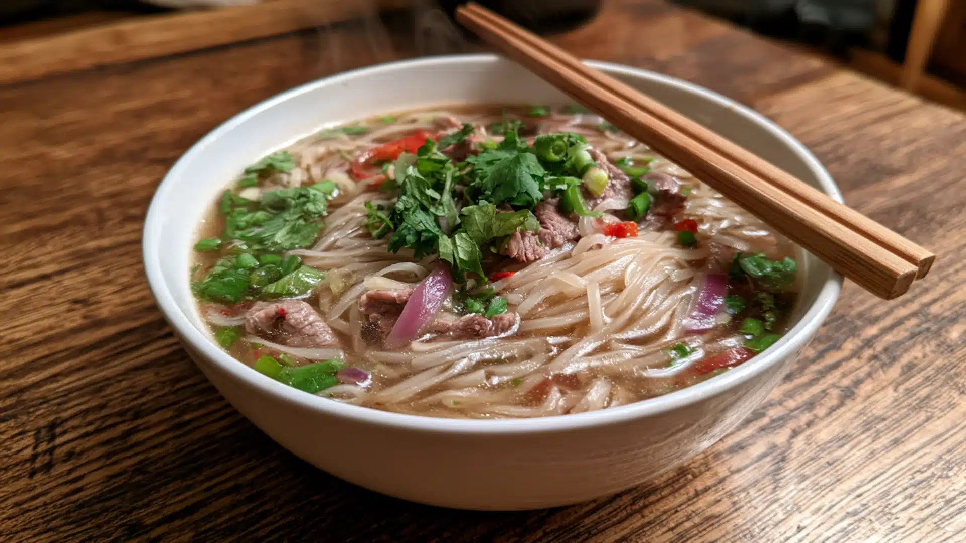 pho noodle soup bowl with beef bean sprouts cilantro red pepper and chopsticks on table
