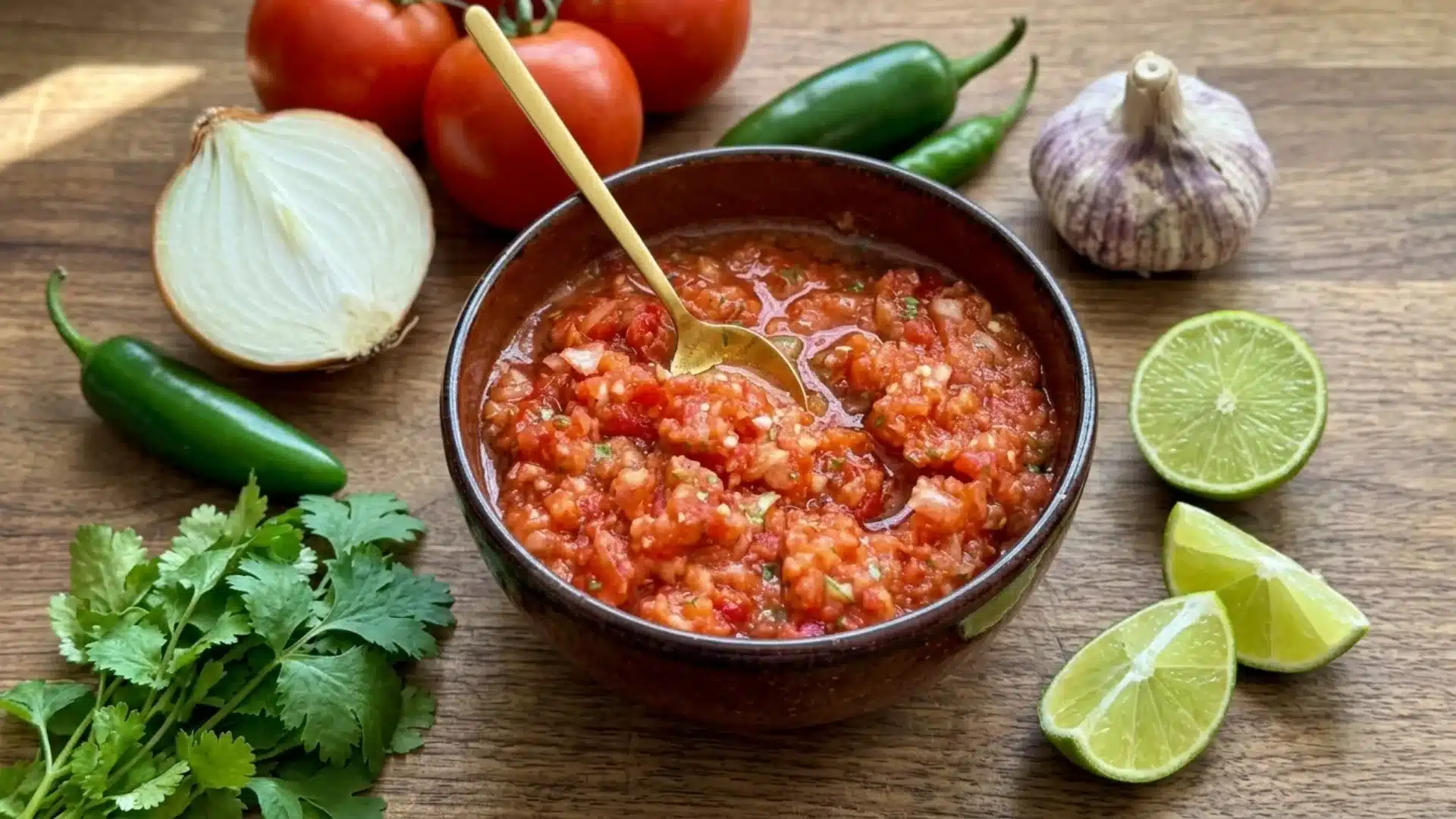 bowl of chunky tomato salsa with gold spoon surrounded by tomatoes onion peppers garlic and lime