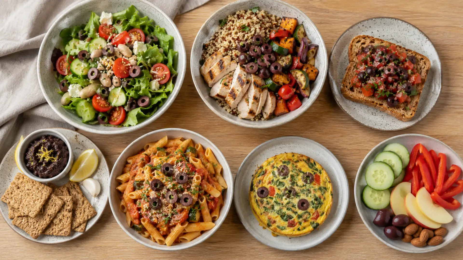 seven healthy olive dishes including salad, grain bowl, toast, tapenade, pasta and frittata