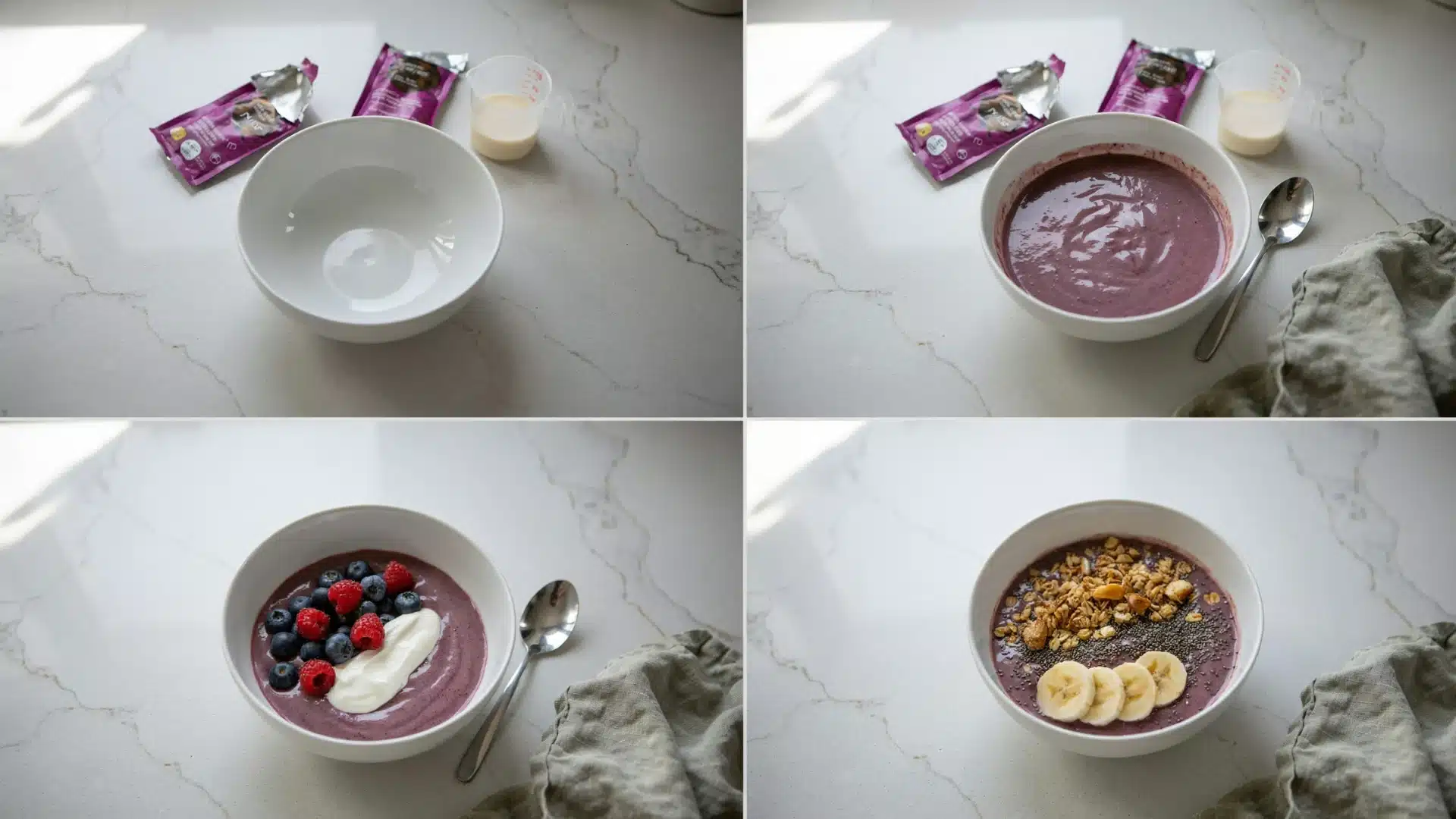 four step grid showing acai bowl base blended then topped with berries yogurt and granola