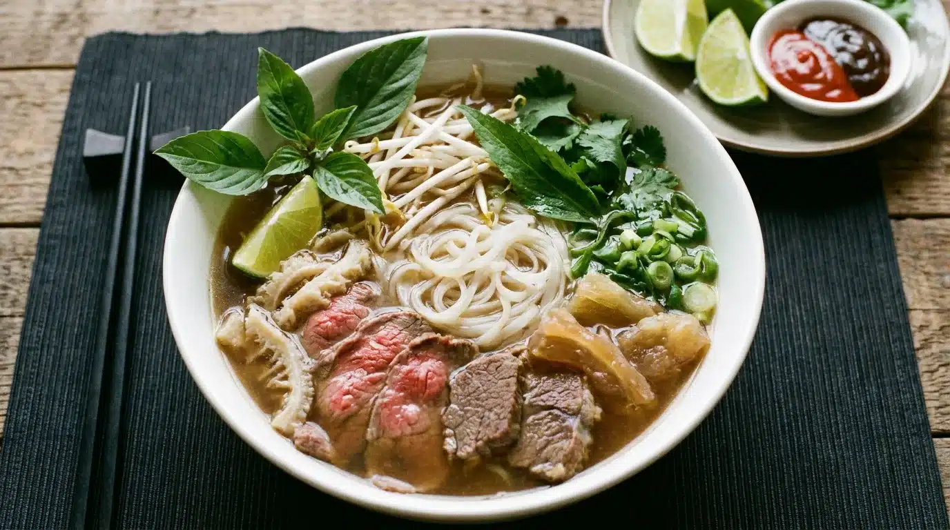 vietnamese beef pho with rice noodles, sliced rare beef, bean sprouts, fresh herbs, lime, and chili sauce on a wooden table