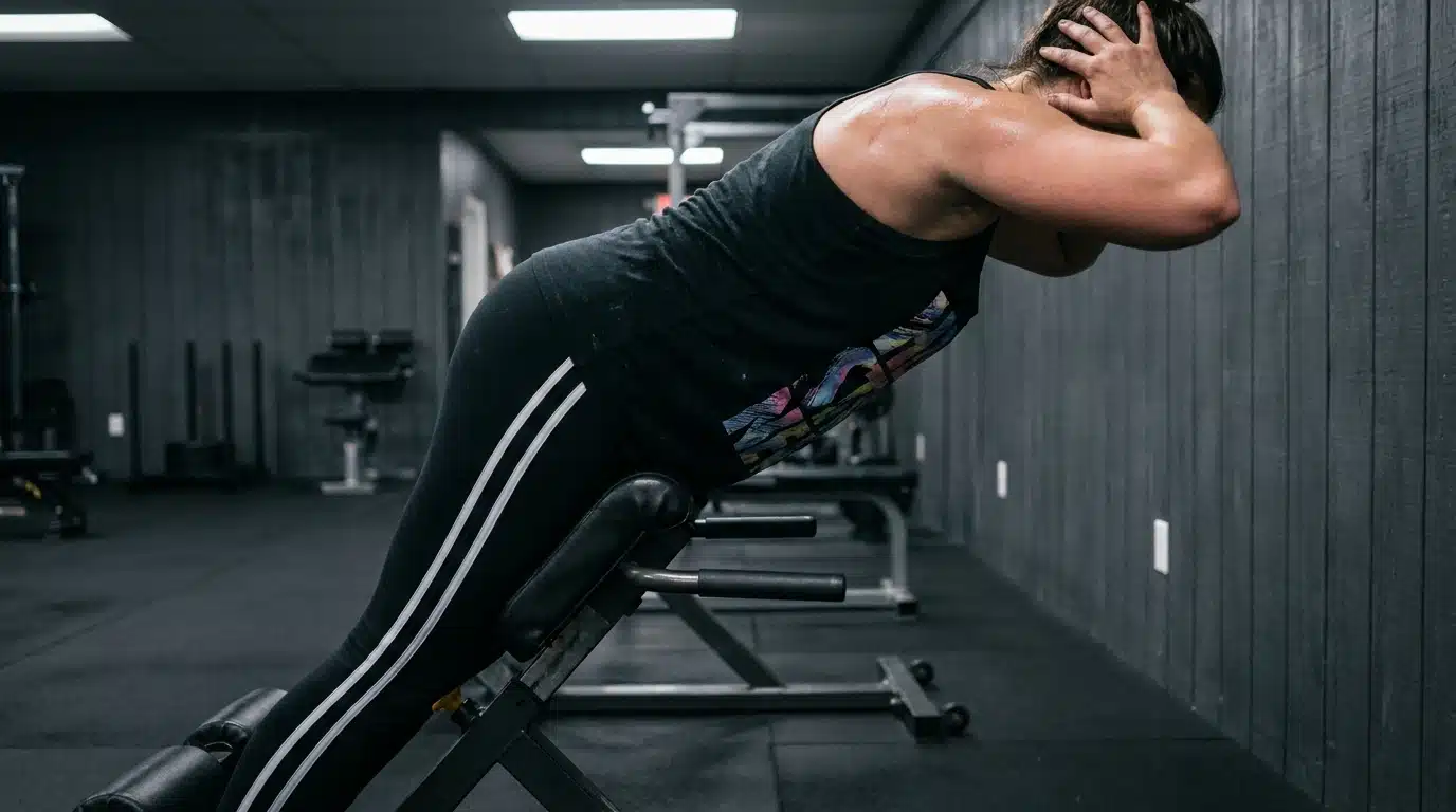 person performing a back extension on a hyperextension bench in a dimly lit gym