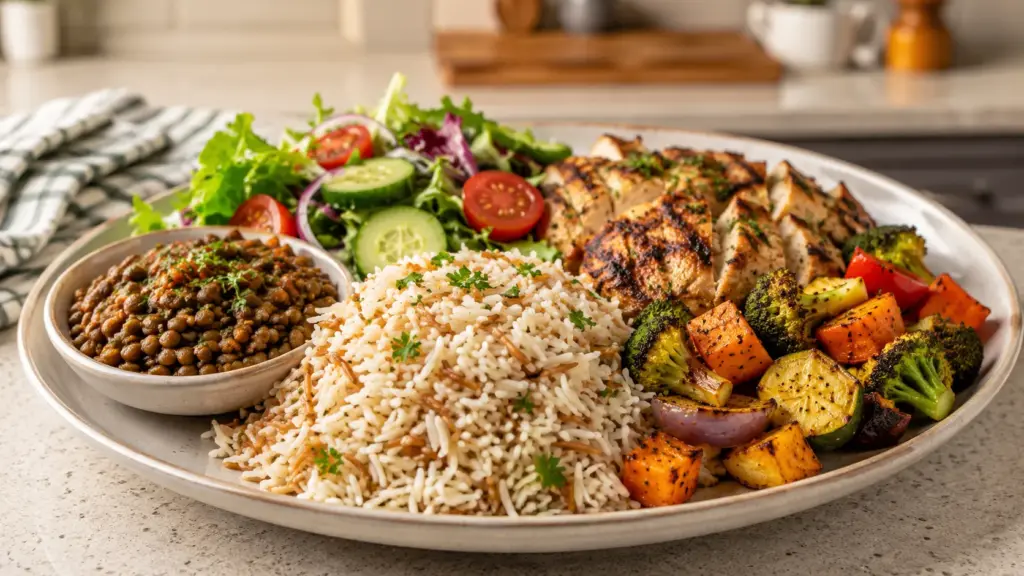 white and brown basmati rice with roasted vegetables, lentils, salad and grilled chicken