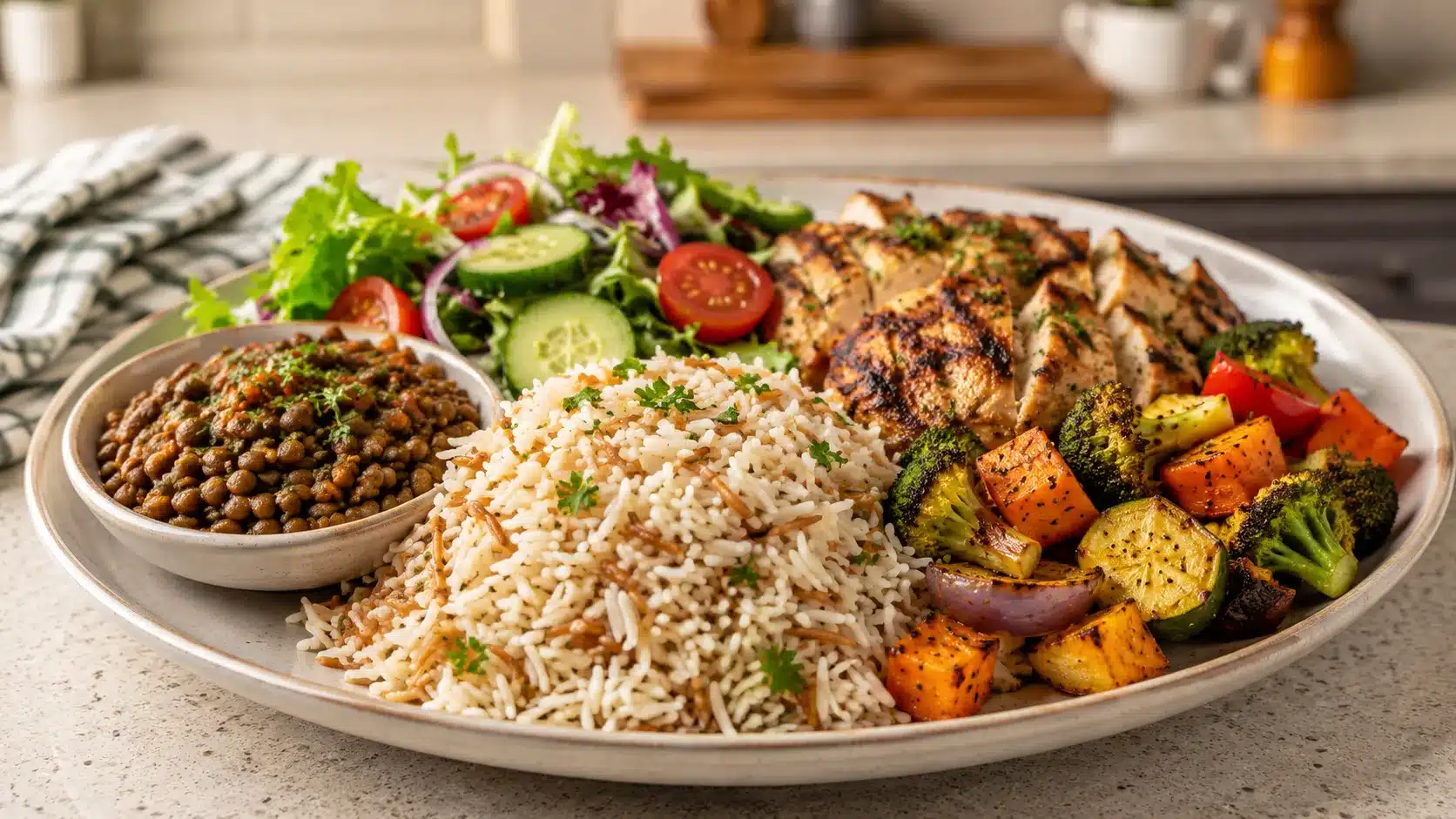 white and brown basmati rice with roasted vegetables, lentils, salad and grilled chicken