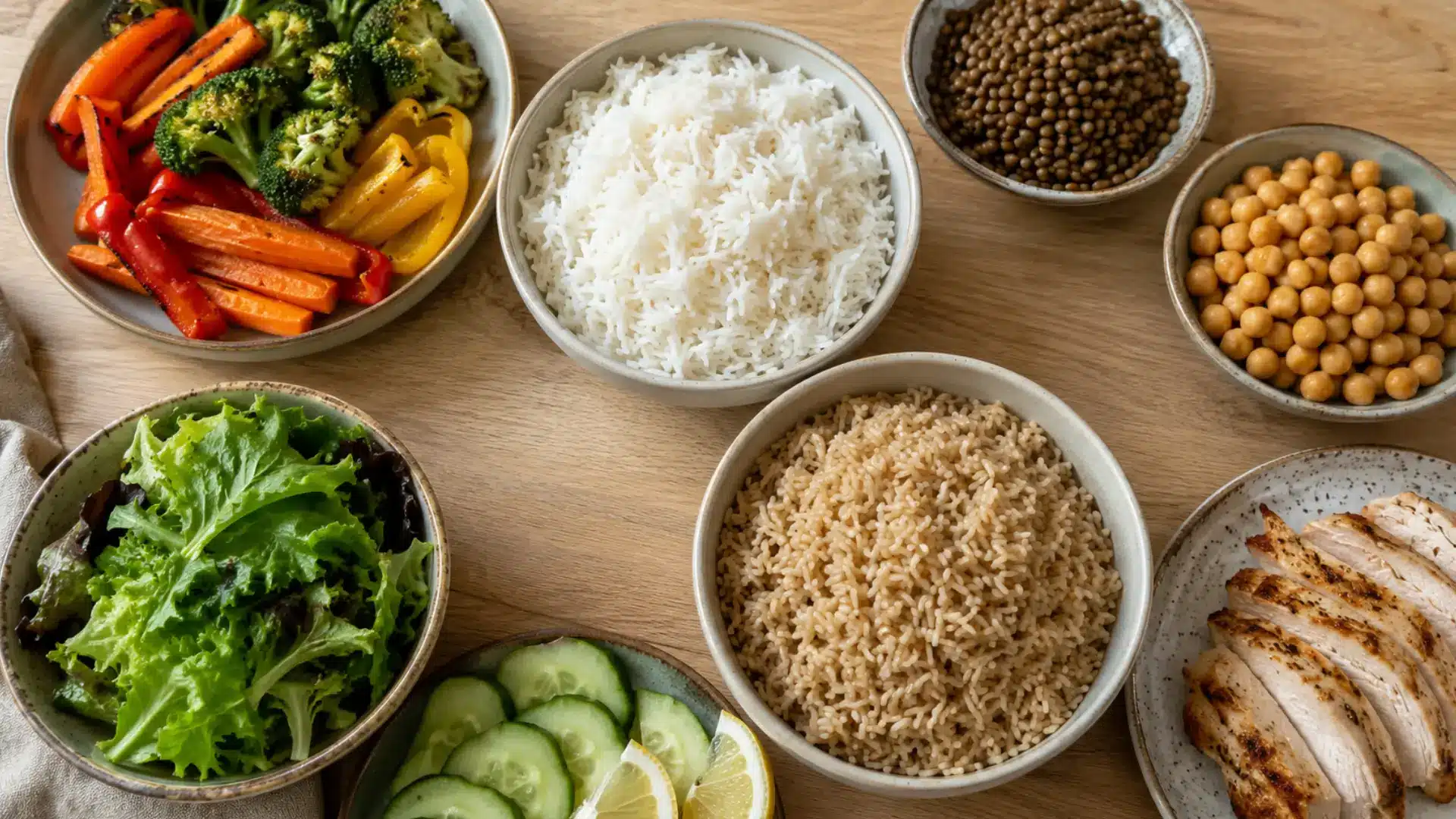 white and brown basmati rice with vegetables, lentils, chickpeas, salad and grilled chicken