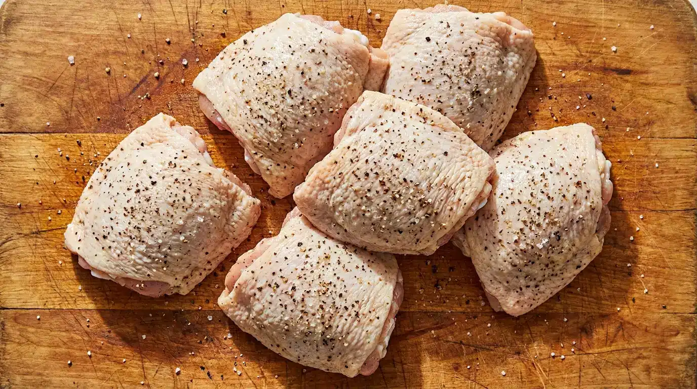 six raw bone-in chicken thighs seasoned with salt and black pepper on a wooden cutting board